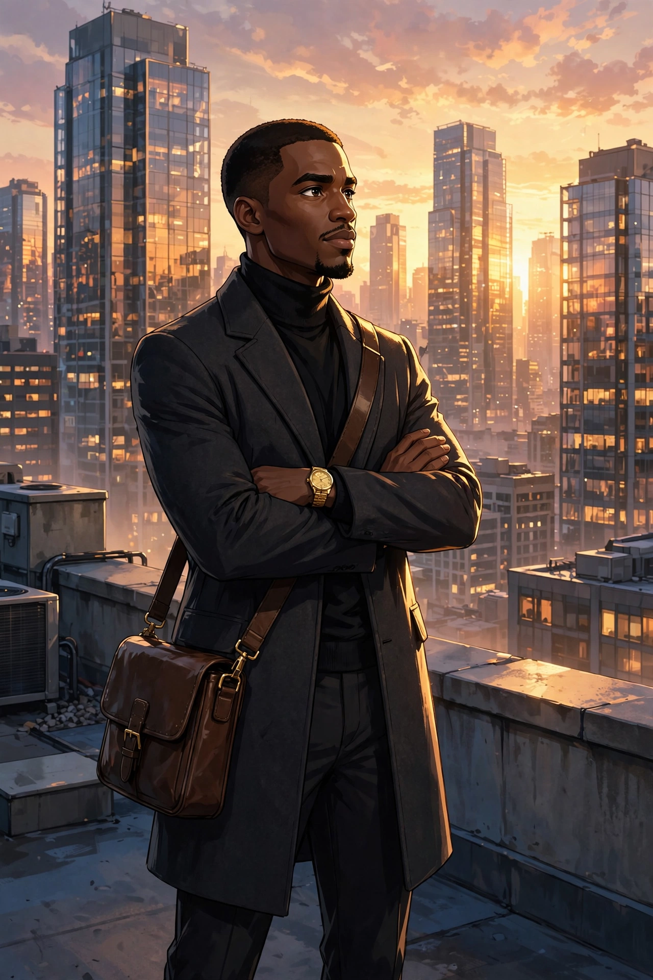 AI-generated full-body portrait of Miles Walker on a rooftop at dawn.