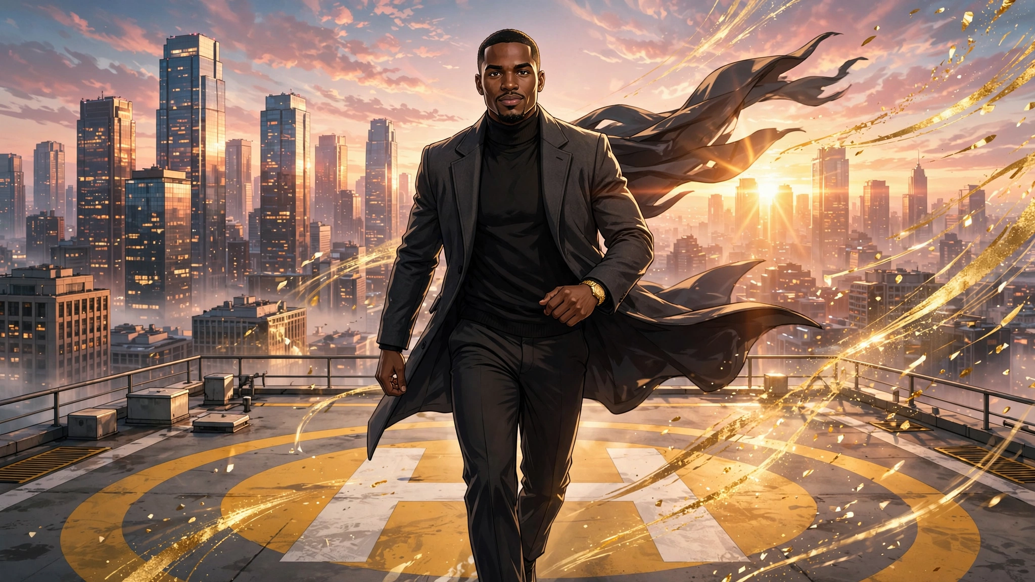 AI-generated wide banner of Miles Walker walking toward the viewer across a rooftop at dawn, skyline glowing behind him.