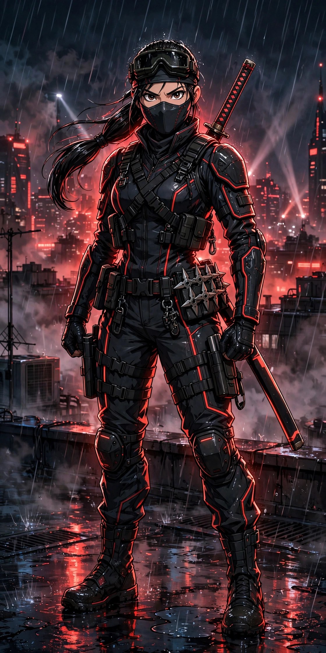 AI-generated full-body portrait of Military Ninja Fem on a rainy rooftop at night
