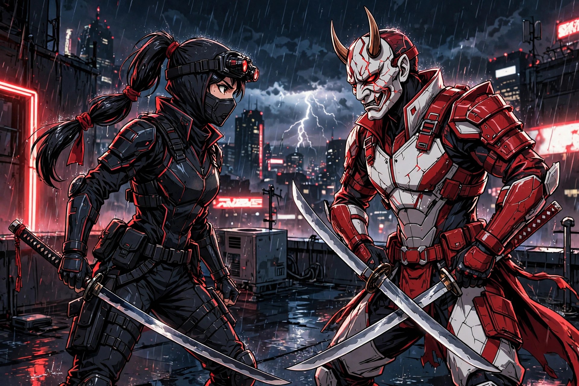 AI-generated art of Military Ninja Fem facing a rival operative in white-and-crimson armor on a rainy rooftop