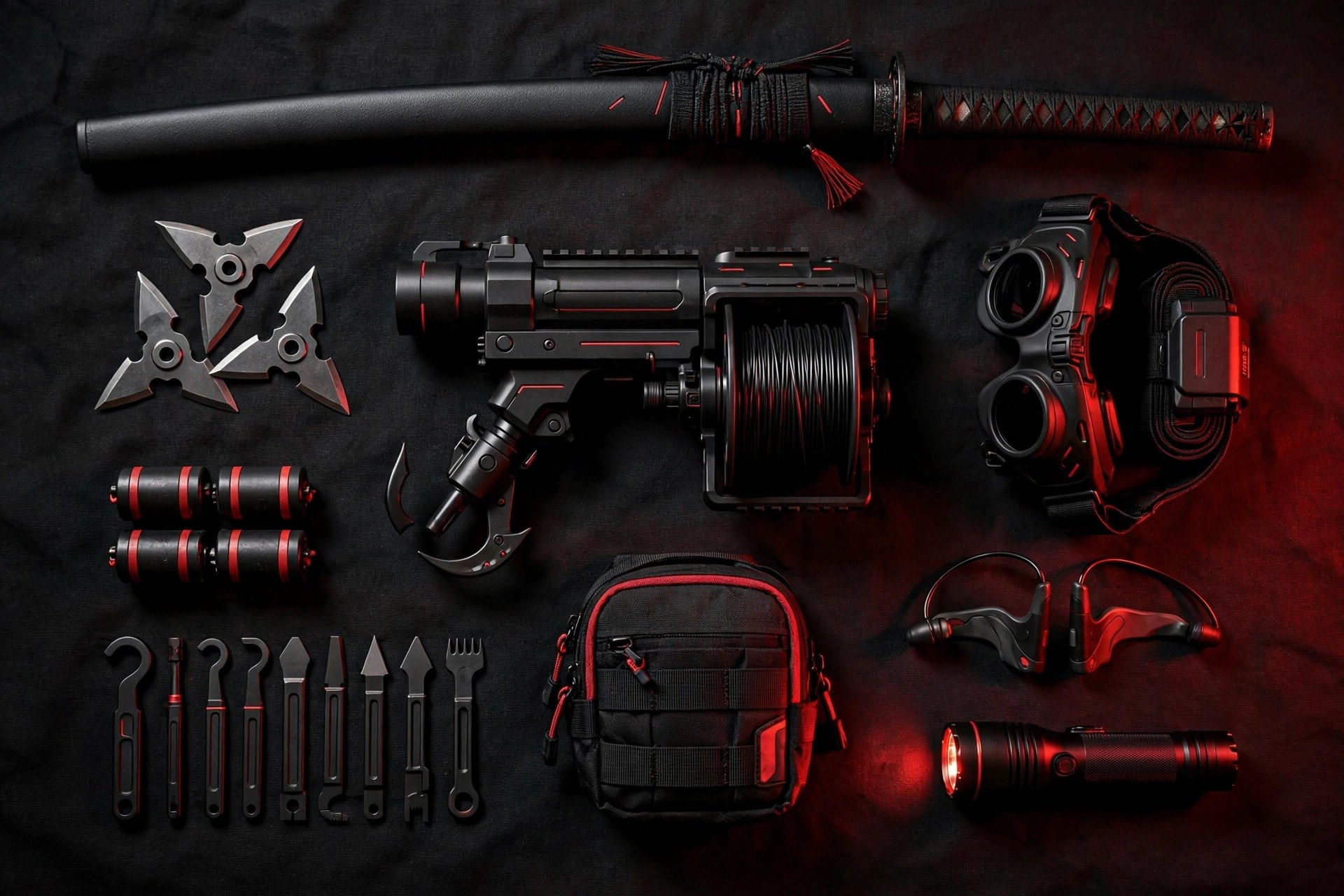 AI-generated flat-lay of a tactical ninja loadout: katana, shuriken, smoke pellets, grapnel, NVGs, comms, med-kit