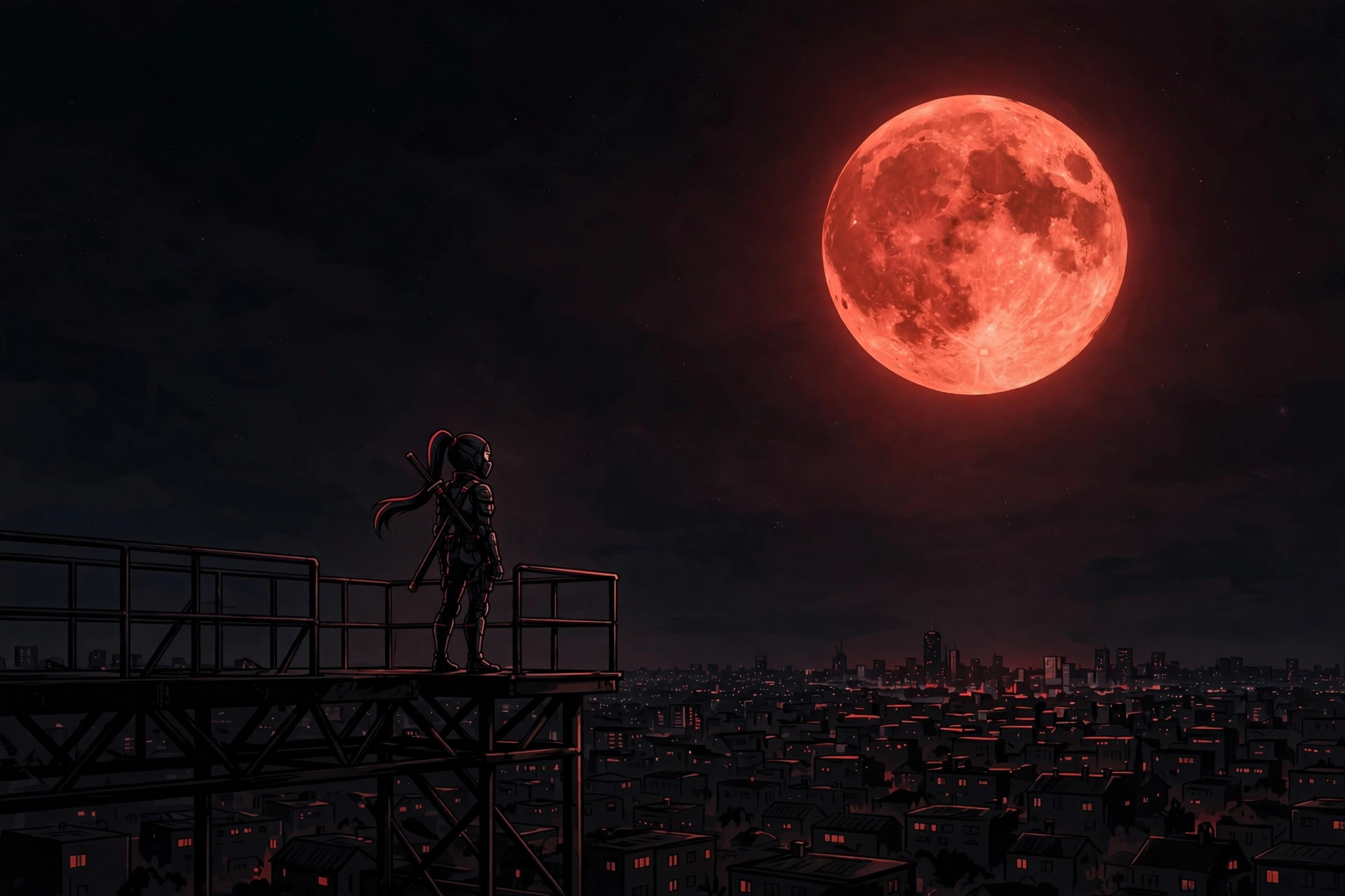 AI-generated art of a lone ninja silhouette on a gantry under a full moon, overlooking a sleeping city