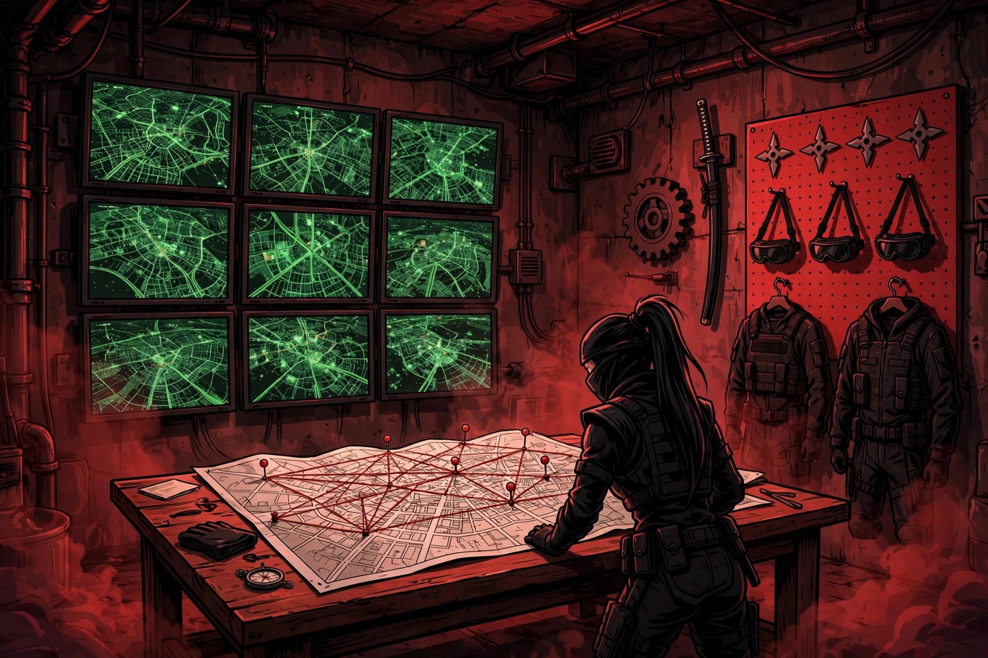 AI-generated art of a hidden subterranean night-ops headquarters with red lighting and monitor walls