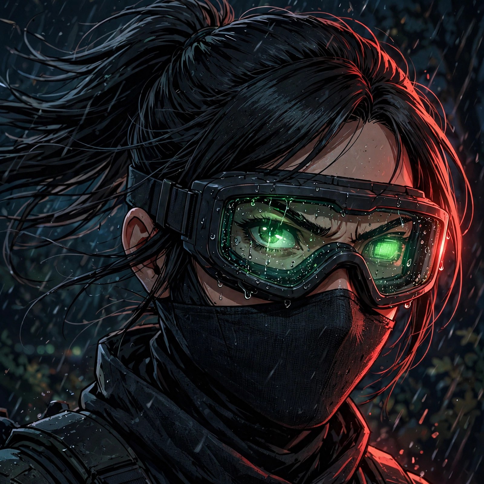 AI-generated close-up of Military Ninja Fem with night-vision goggles down, rain on the lenses