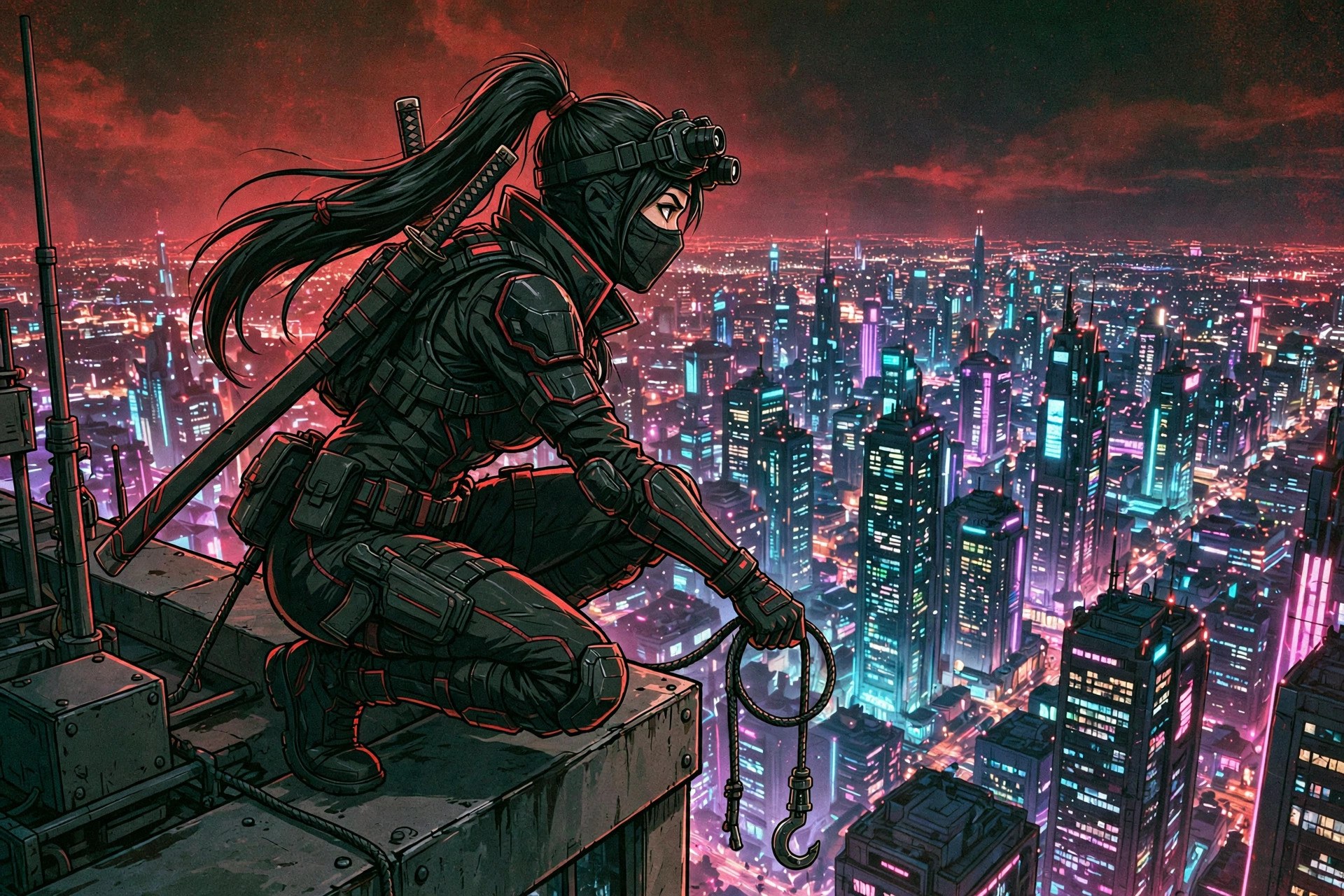 AI-generated art of Military Ninja Fem crouched at a skyscraper ledge at night, overlooking a neon city