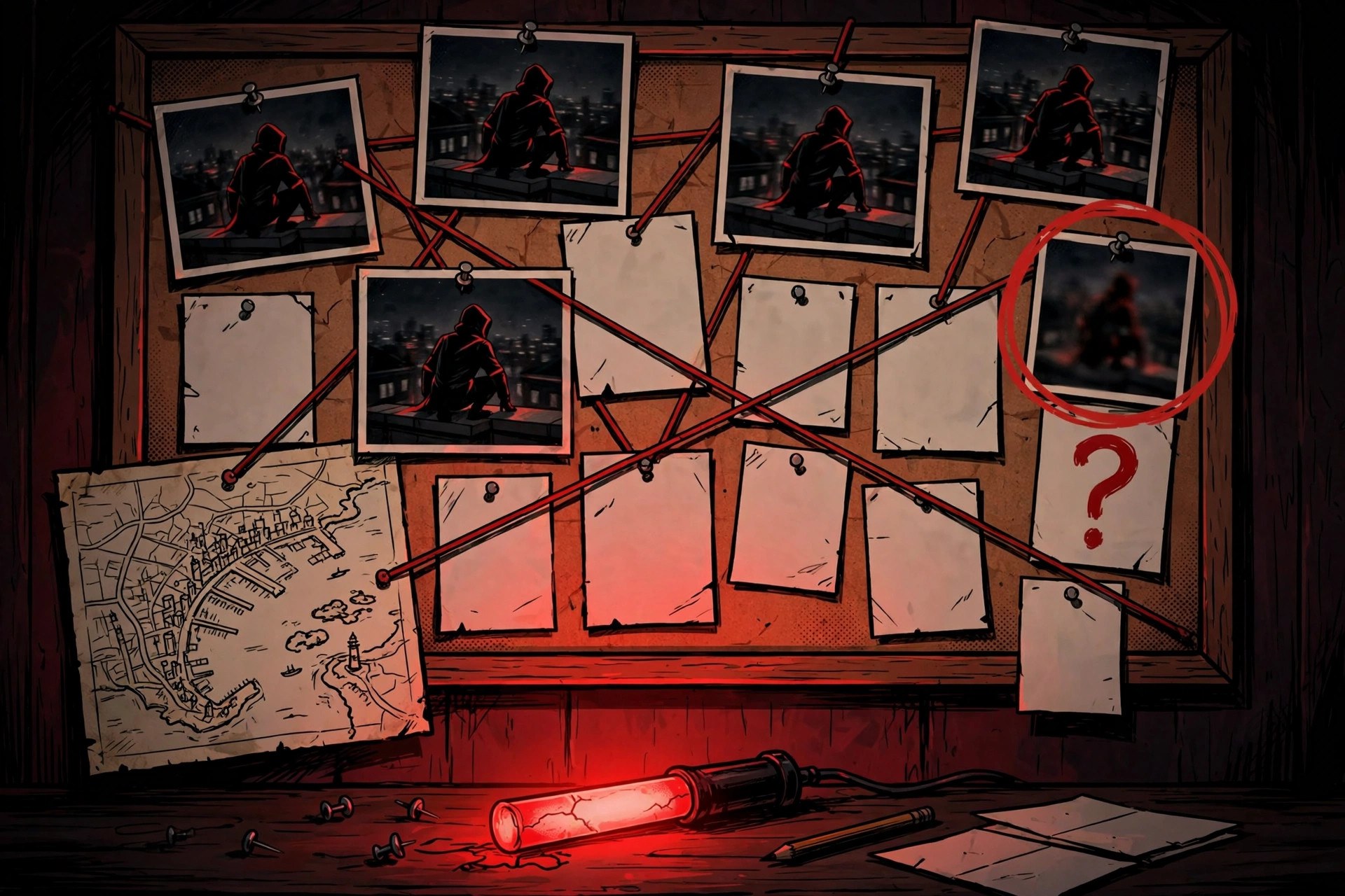 AI-generated art of a bulletin board tracking rumors of a night operative: photos, red string, a circled question mark