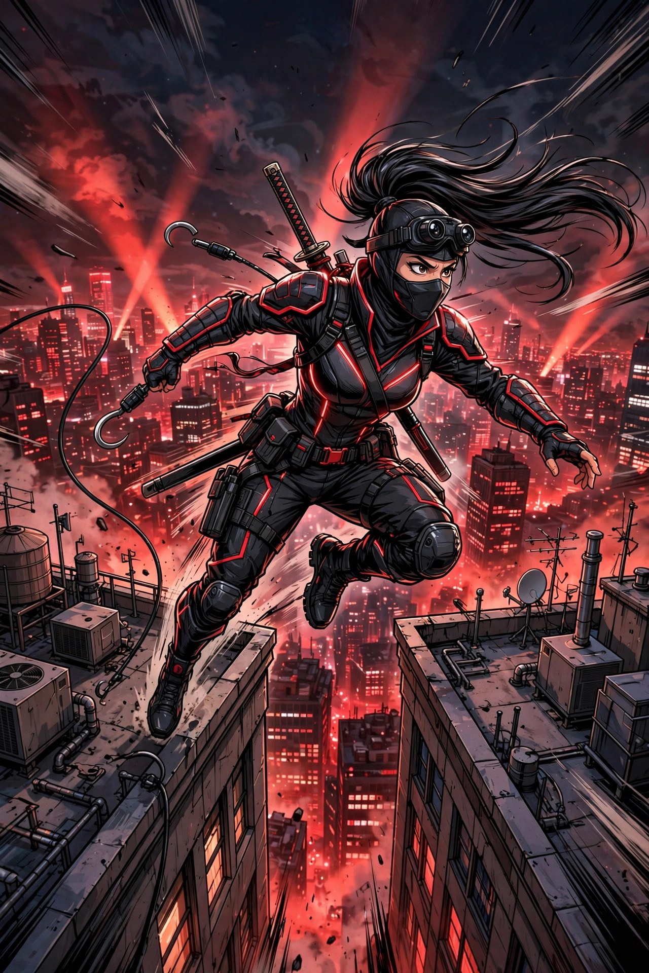 AI-generated action art of Military Ninja Fem leaping between rooftops at night