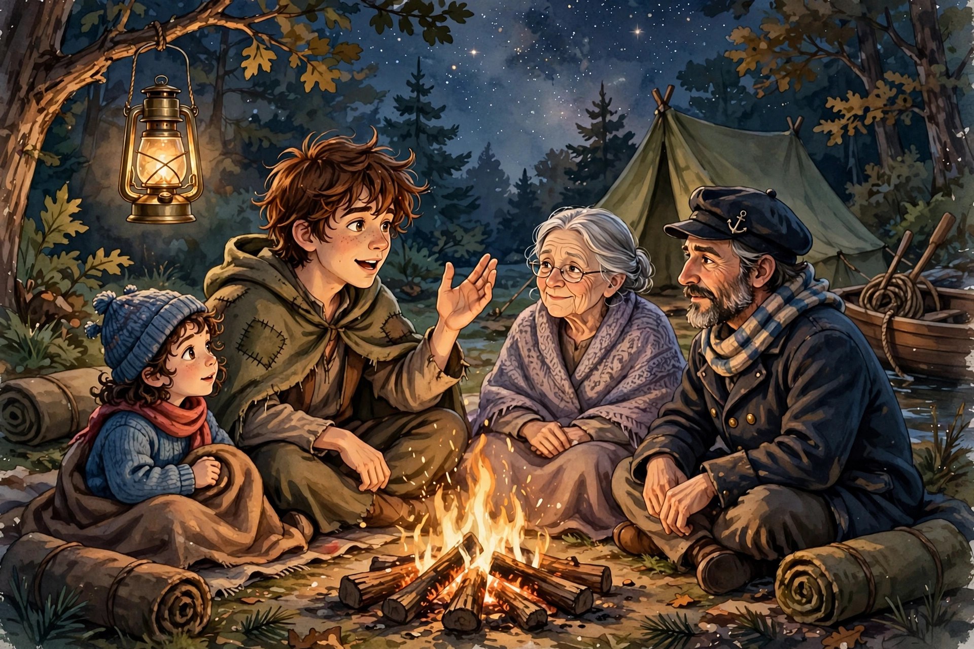 Milo telling stories at a night campfire to a circle of travelers, lantern glowing