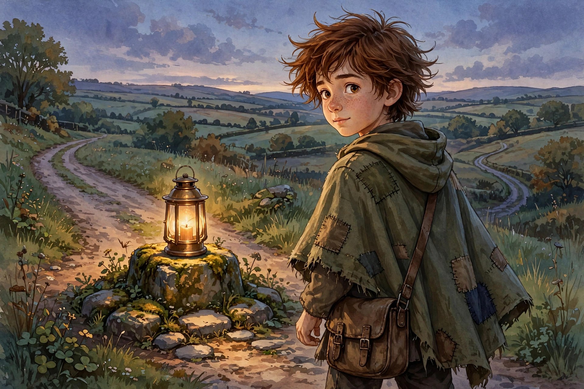 Milo walking away down one fork of a crossroads at dusk, leaving his lantern burning on the milestone