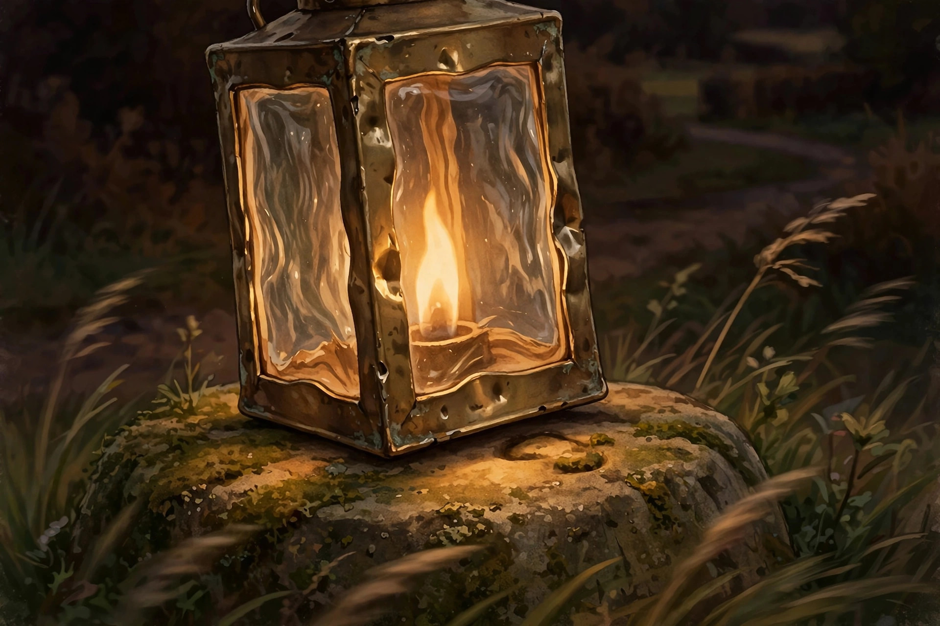 Close-up of a dented brass lantern glowing warm amber on a mossy milestone at a crossroads
