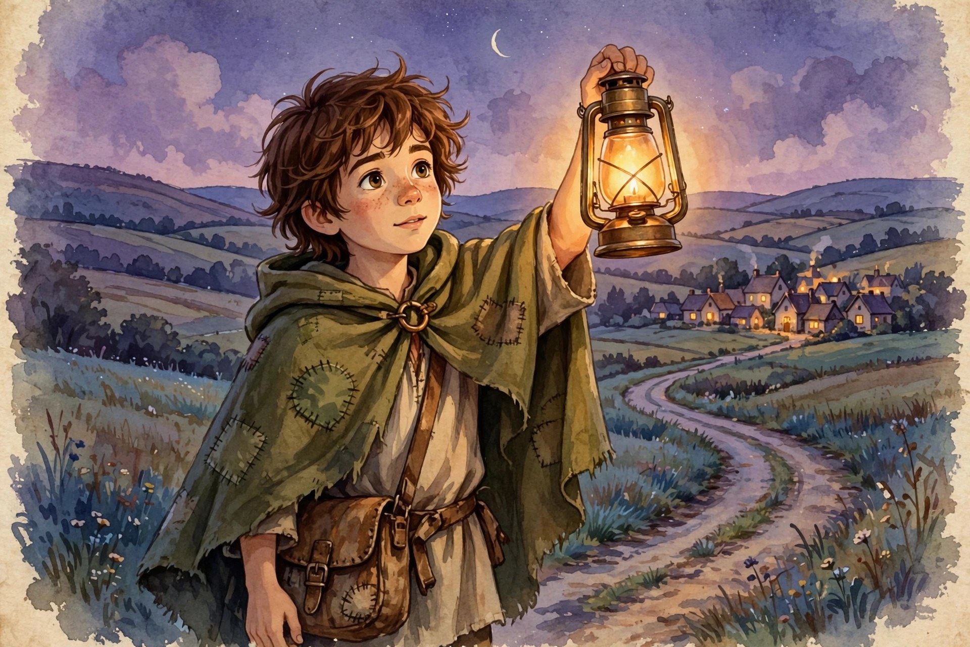 Milo the lantern wanderer holding up his glowing brass lantern at dusk on a country road