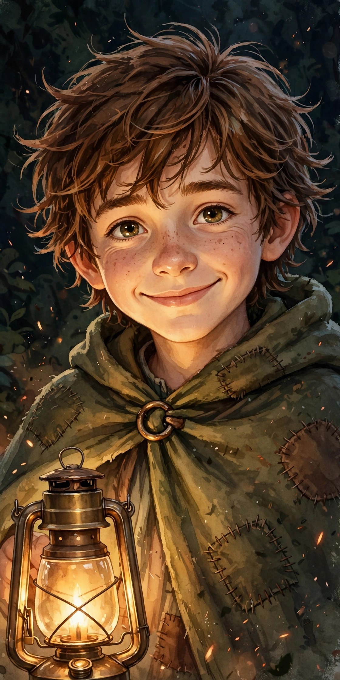 Portrait of Milo: tousled chestnut hair, warm hazel eyes, patched olive cloak, brass lantern glowing at his side