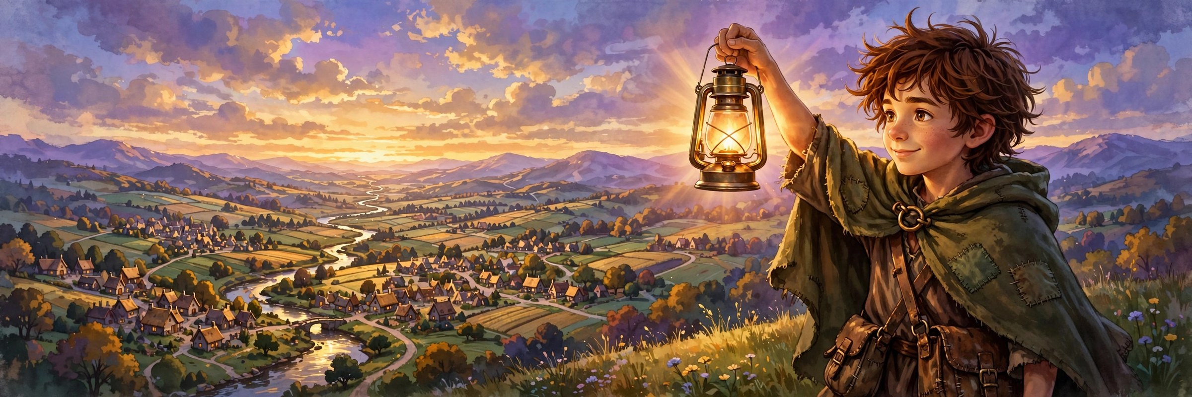 Milo holding his lantern high on a hilltop overlooking a storybook valley at sunset