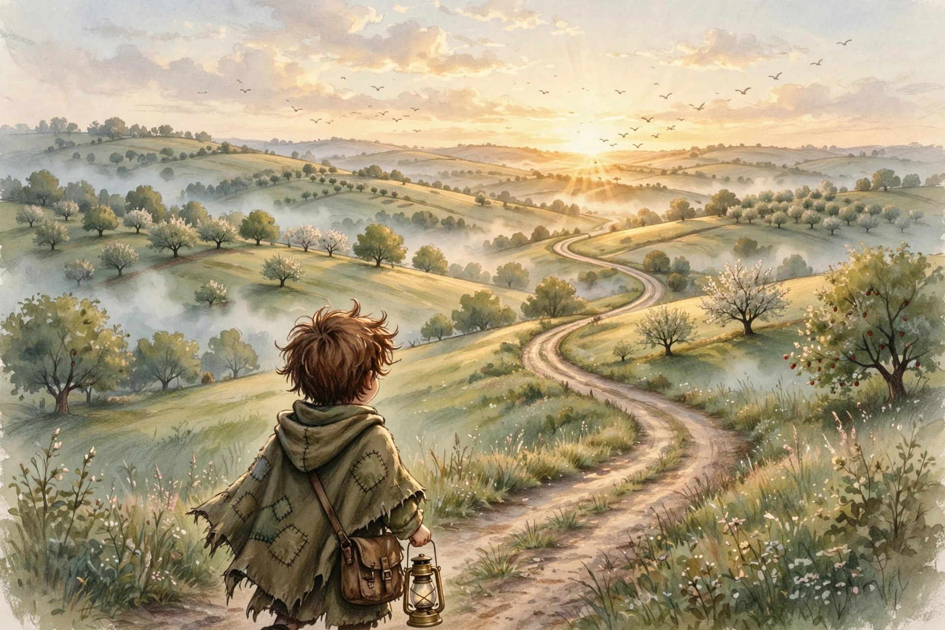 Milo seen from behind, a small figure walking a winding road at dawn toward a sunrise