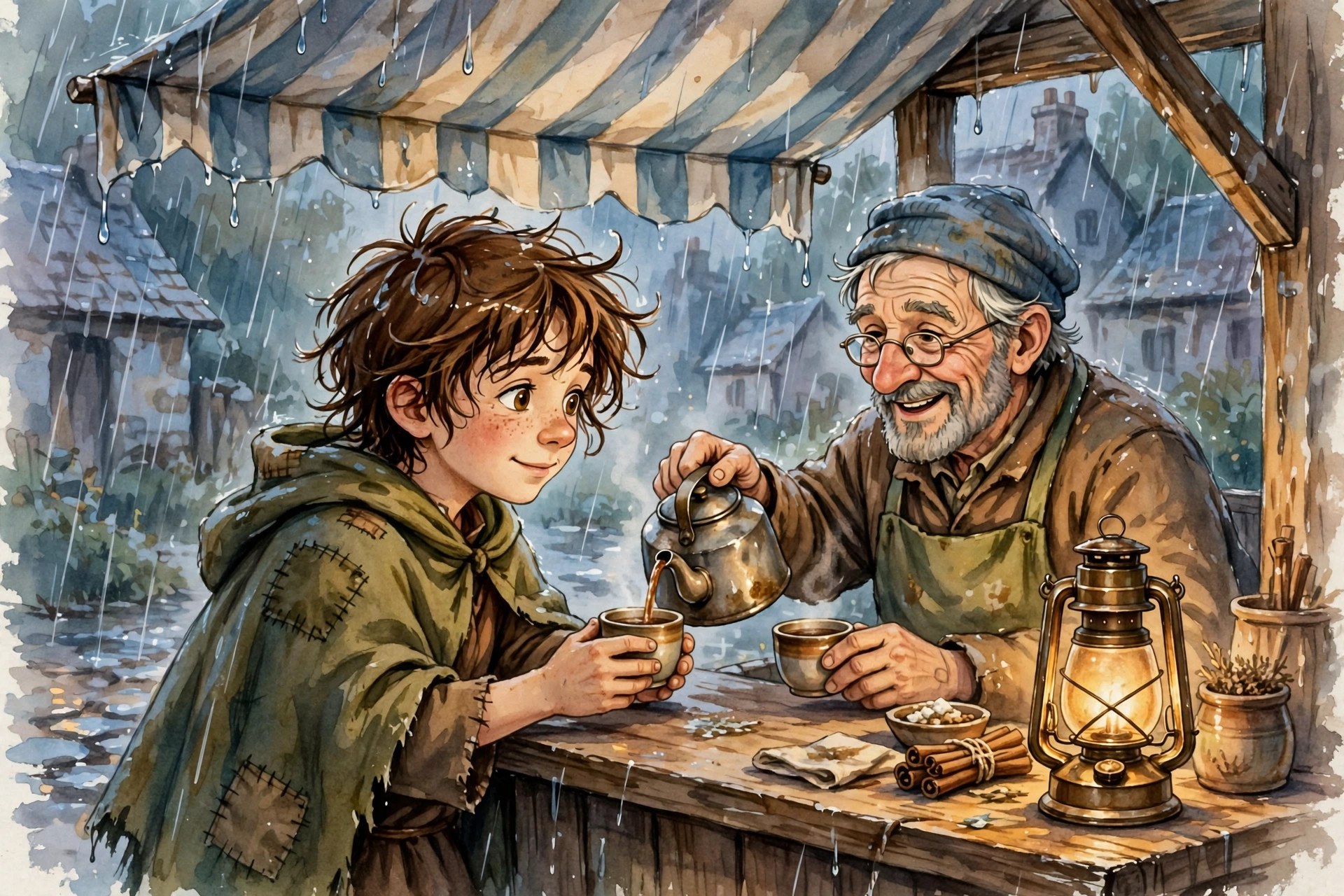 Milo sharing tea under a market awning in the rain, lantern glowing on the counter