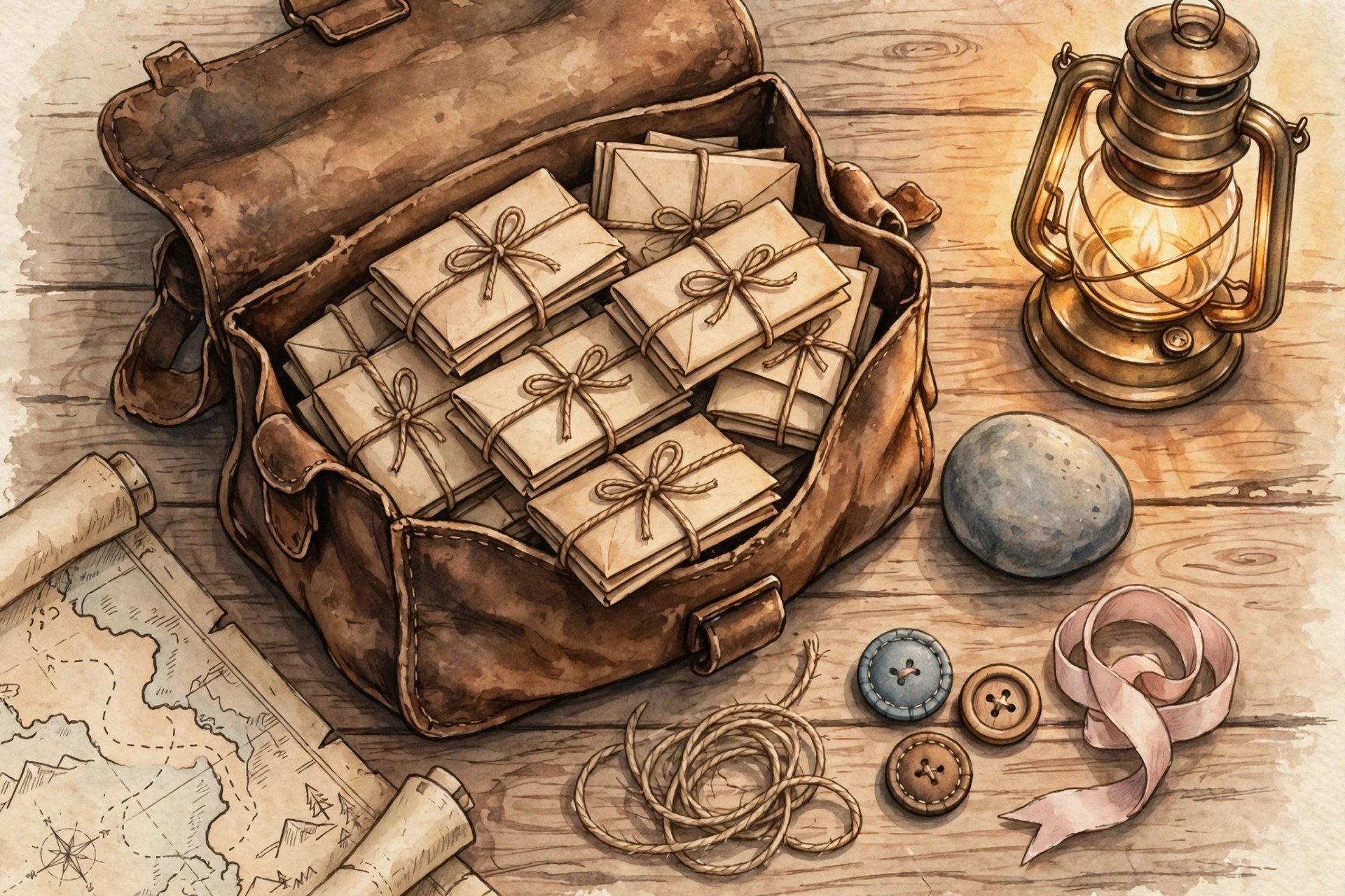 An open leather satchel overflowing with folded letters, beside a glowing brass lantern