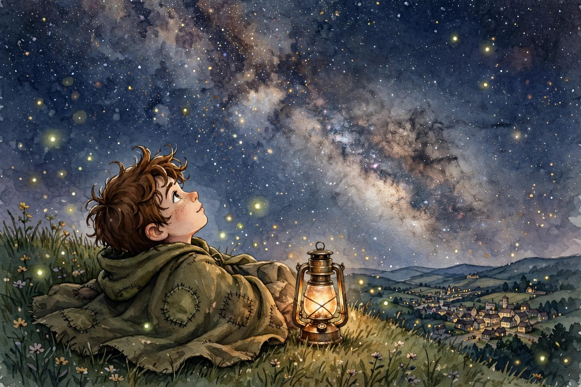 Milo lying on a hilltop at night gazing at a vast starry sky, lantern beside him