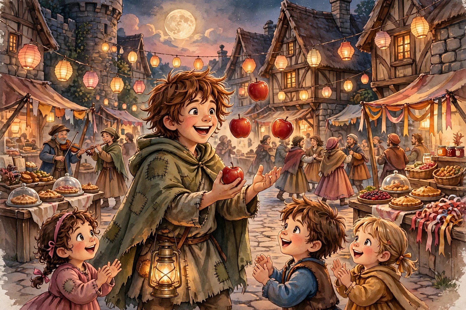 A full-moon festival in a market town: paper lanterns, stalls, Milo juggling for children