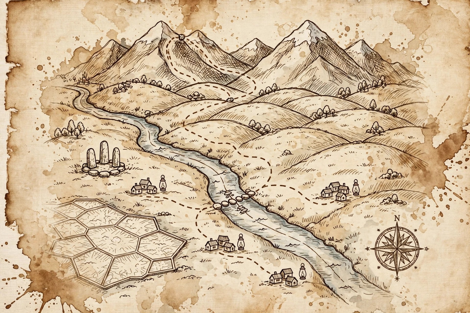 Hand-drawn storybook map of Milo's world on aged parchment, with lantern doodles and unfinished edges
