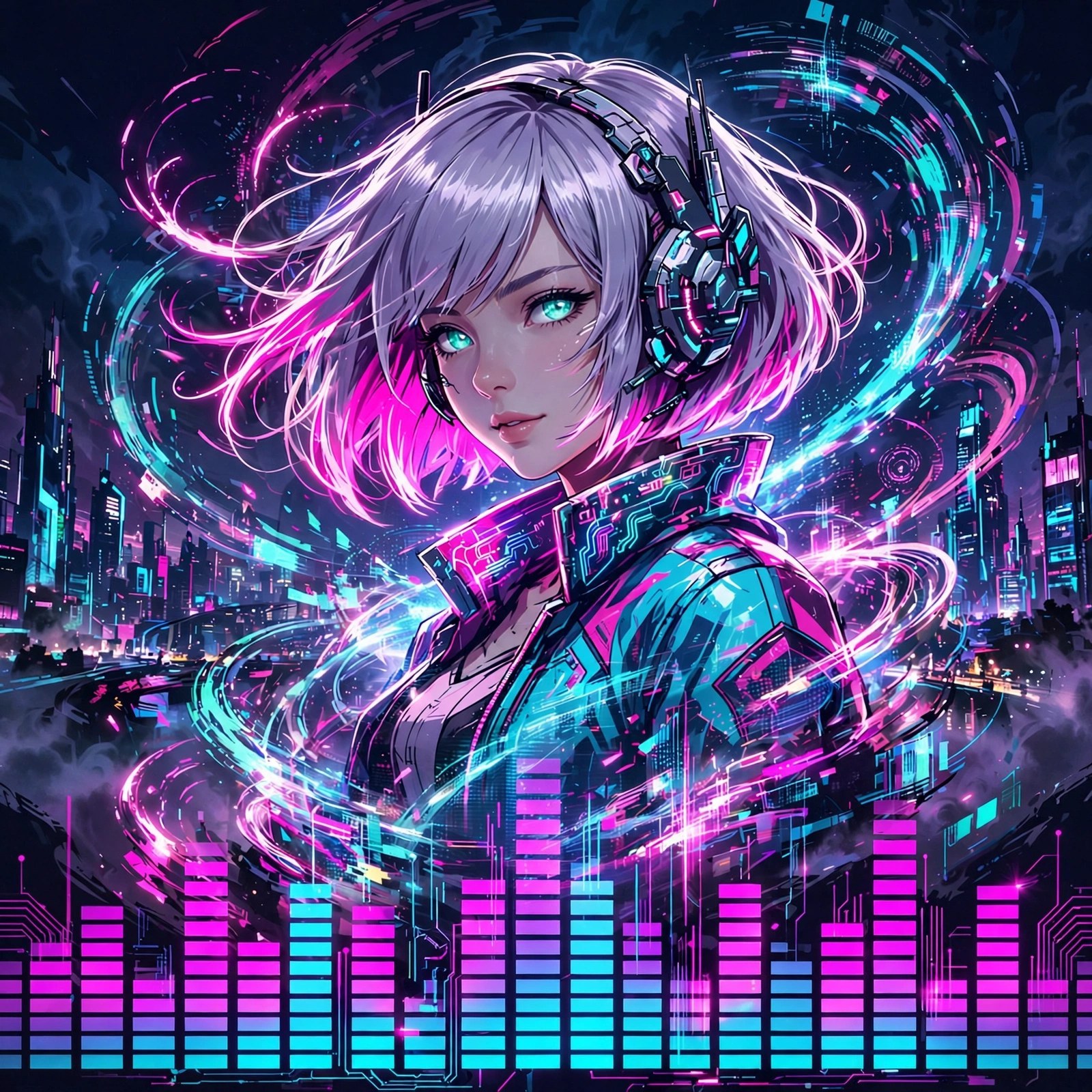 Album cover art: Mina Vega in hologram light against a neon skyline