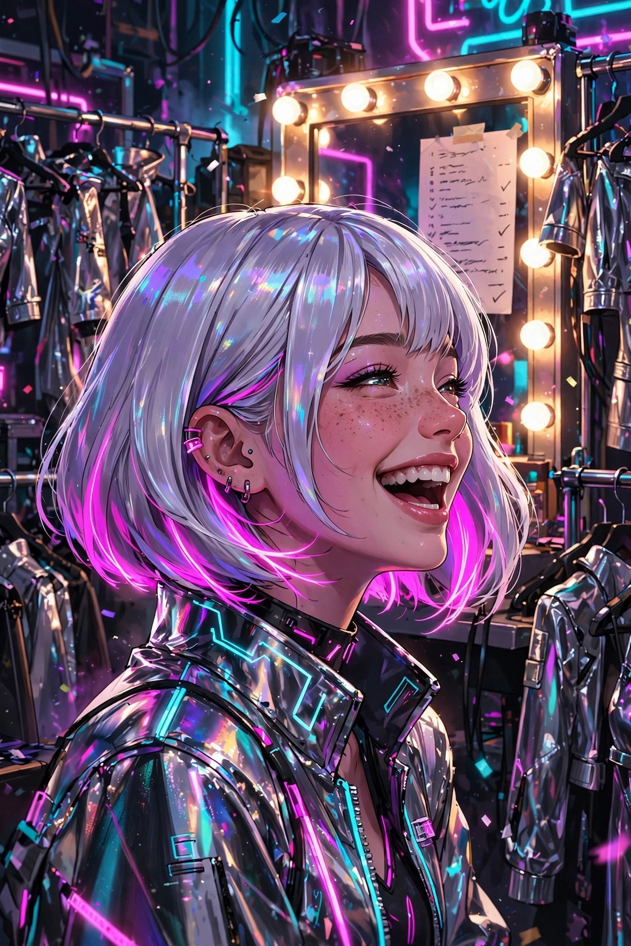 Mina Vega laughing backstage among costume racks
