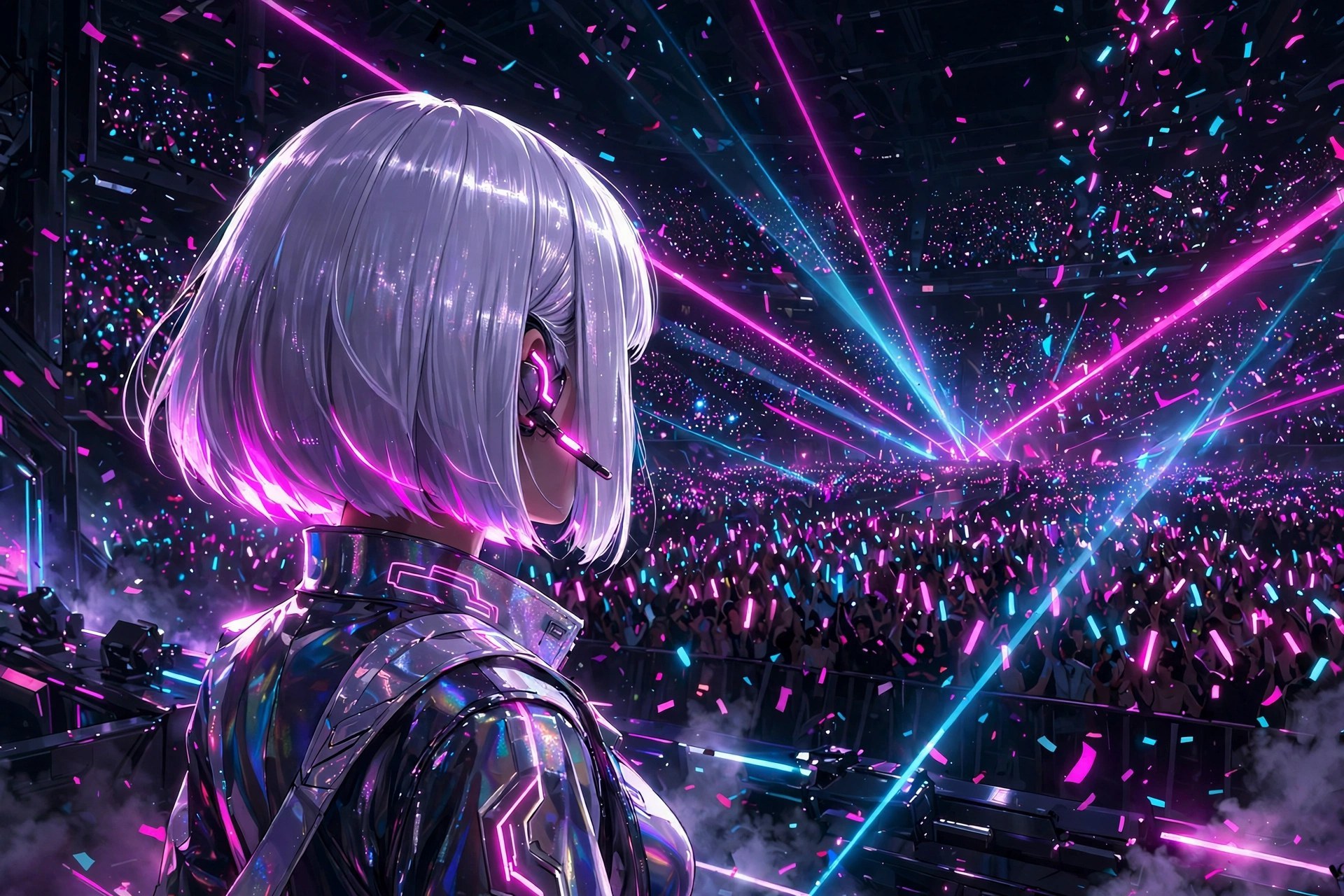 Mina Vega performing before a sea of glowing light sticks in a dark arena
