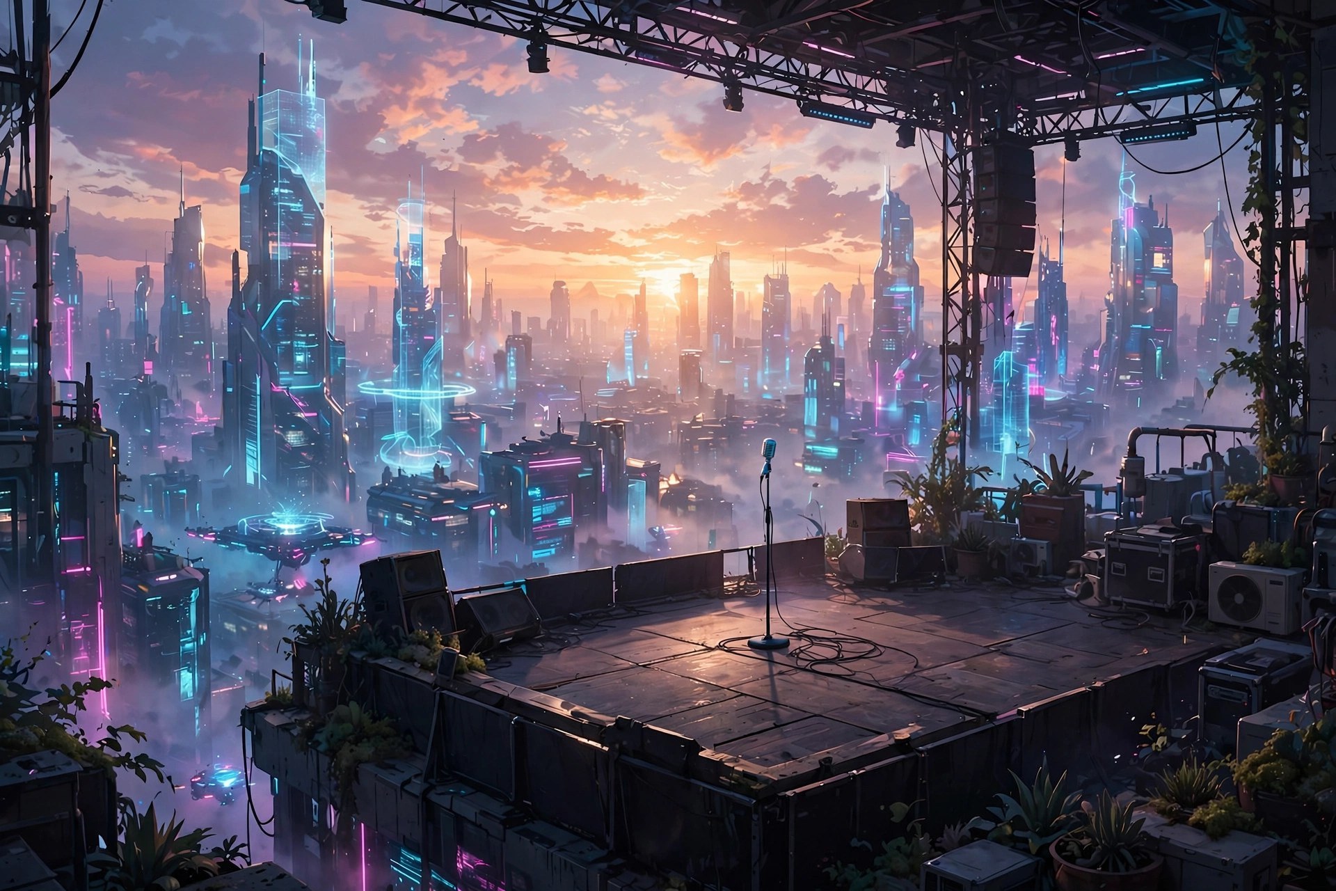 Rooftop stage at sunrise over Neon City