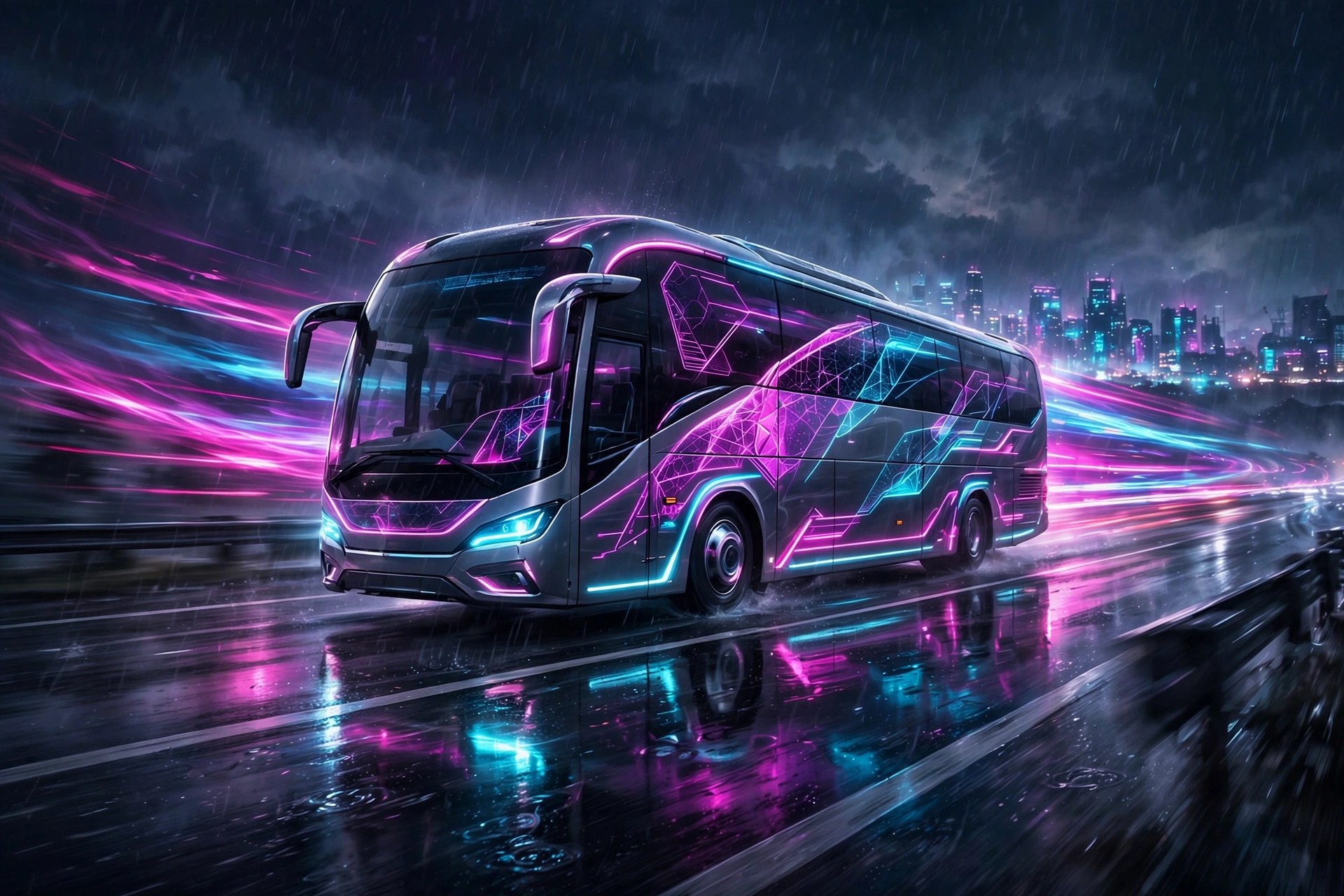Neon tour bus on a night highway