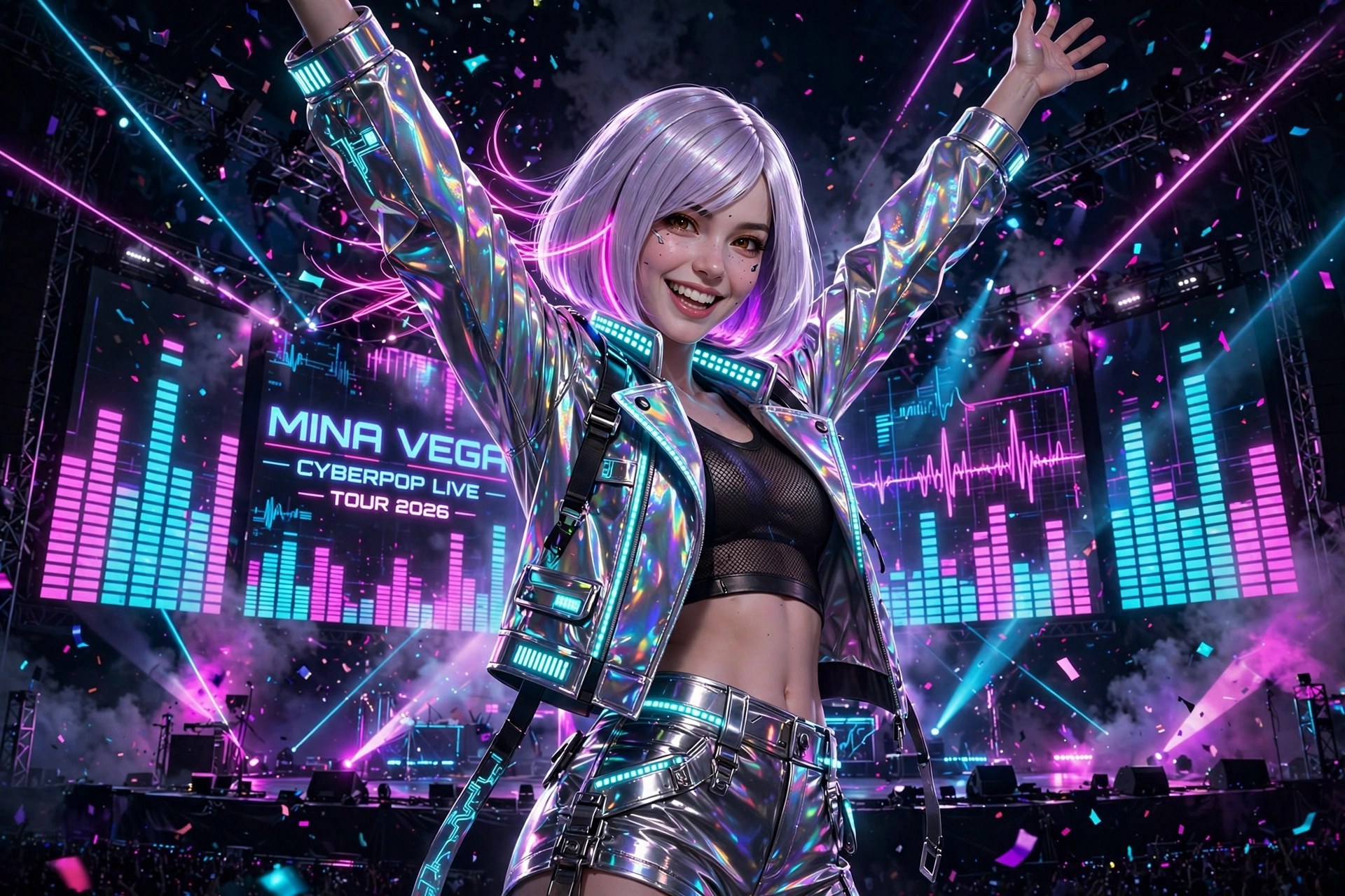 Mina Vega performing on a neon stage, arms raised