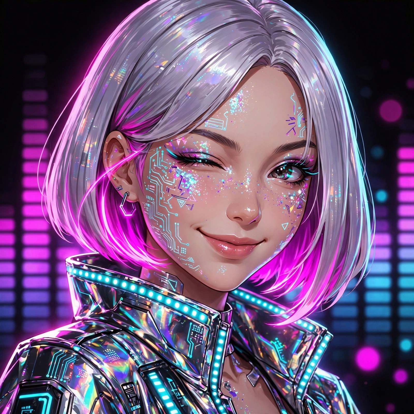Close-up portrait of Mina Vega winking