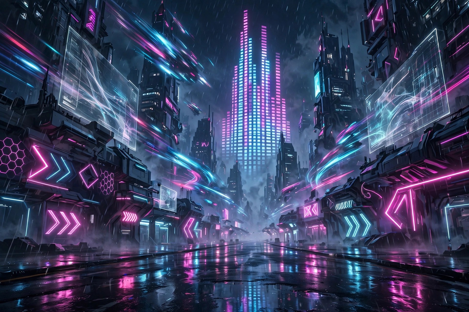 Neon City street at night with holographic billboards