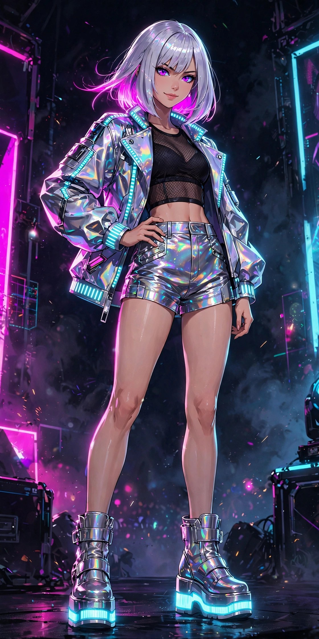 Mina Vega in chrome holographic stage outfit