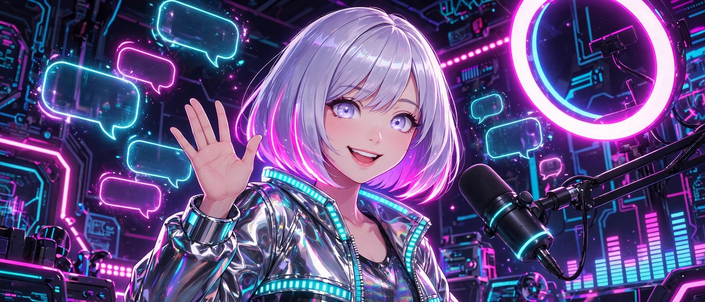 Wide illustration of Mina Vega waving from a neon streaming studio