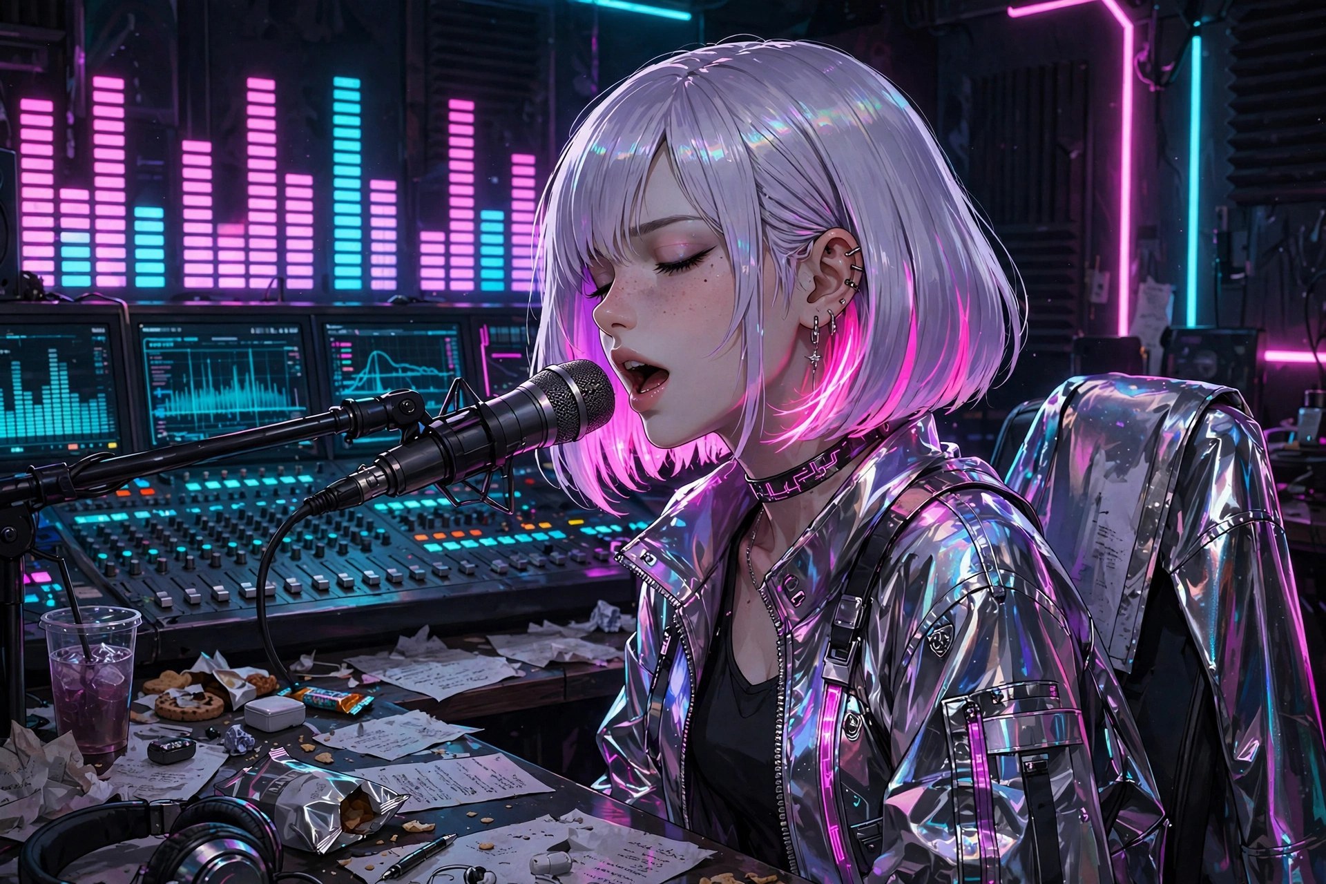 Mina Vega recording vocals in a neon studio