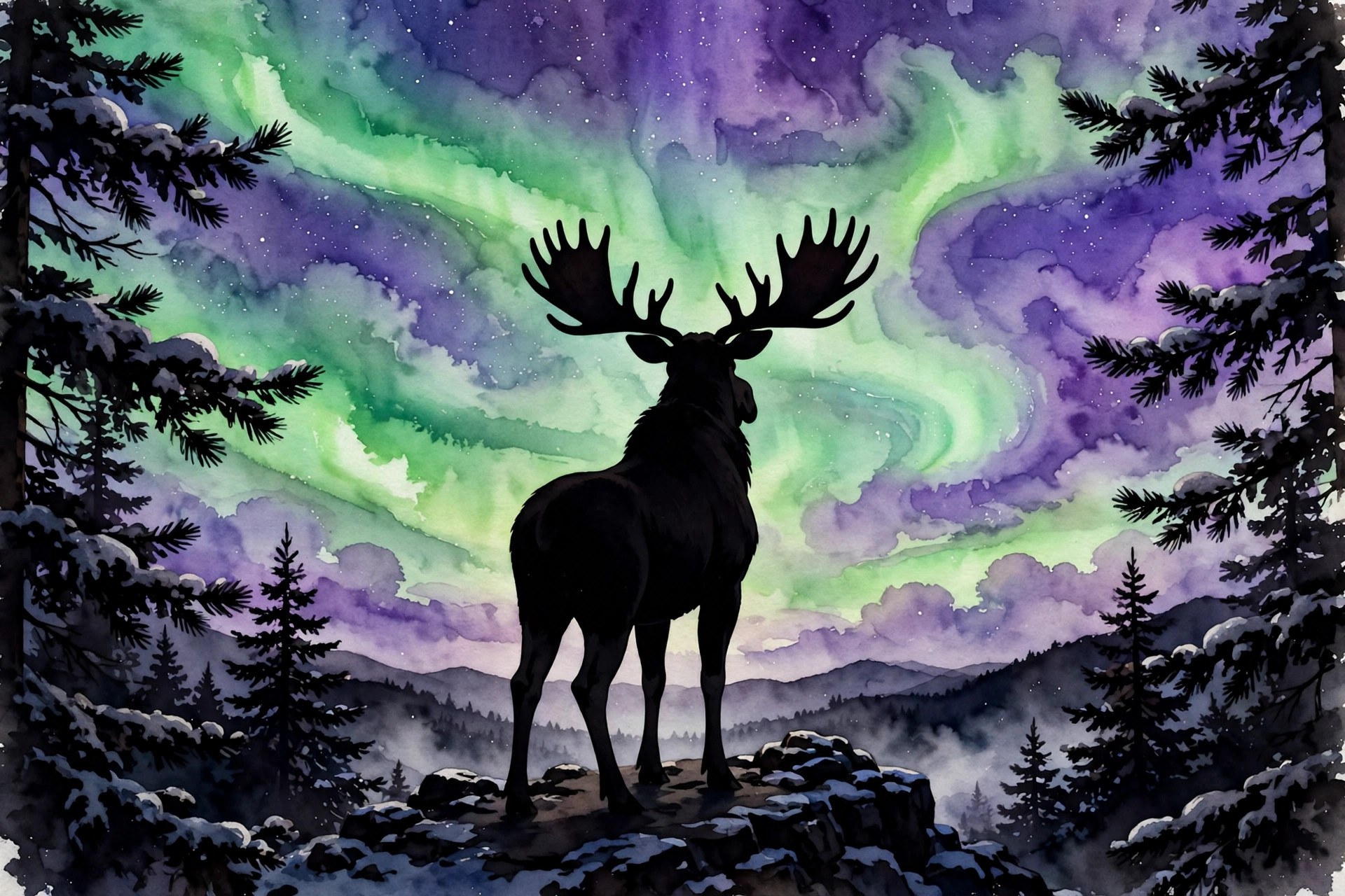 moose antler silhouette against the aurora
