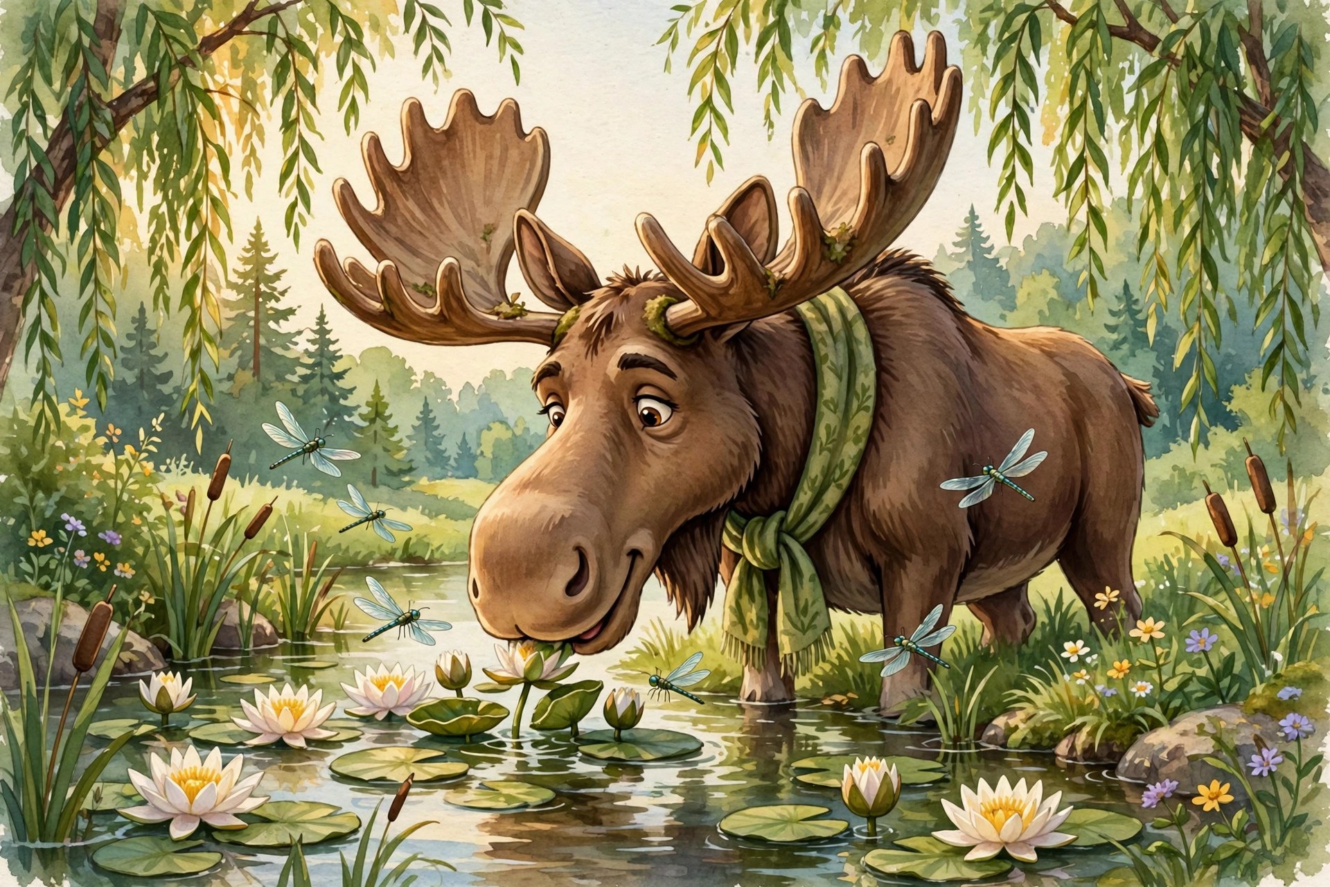 moose nibbling water lilies at a pond