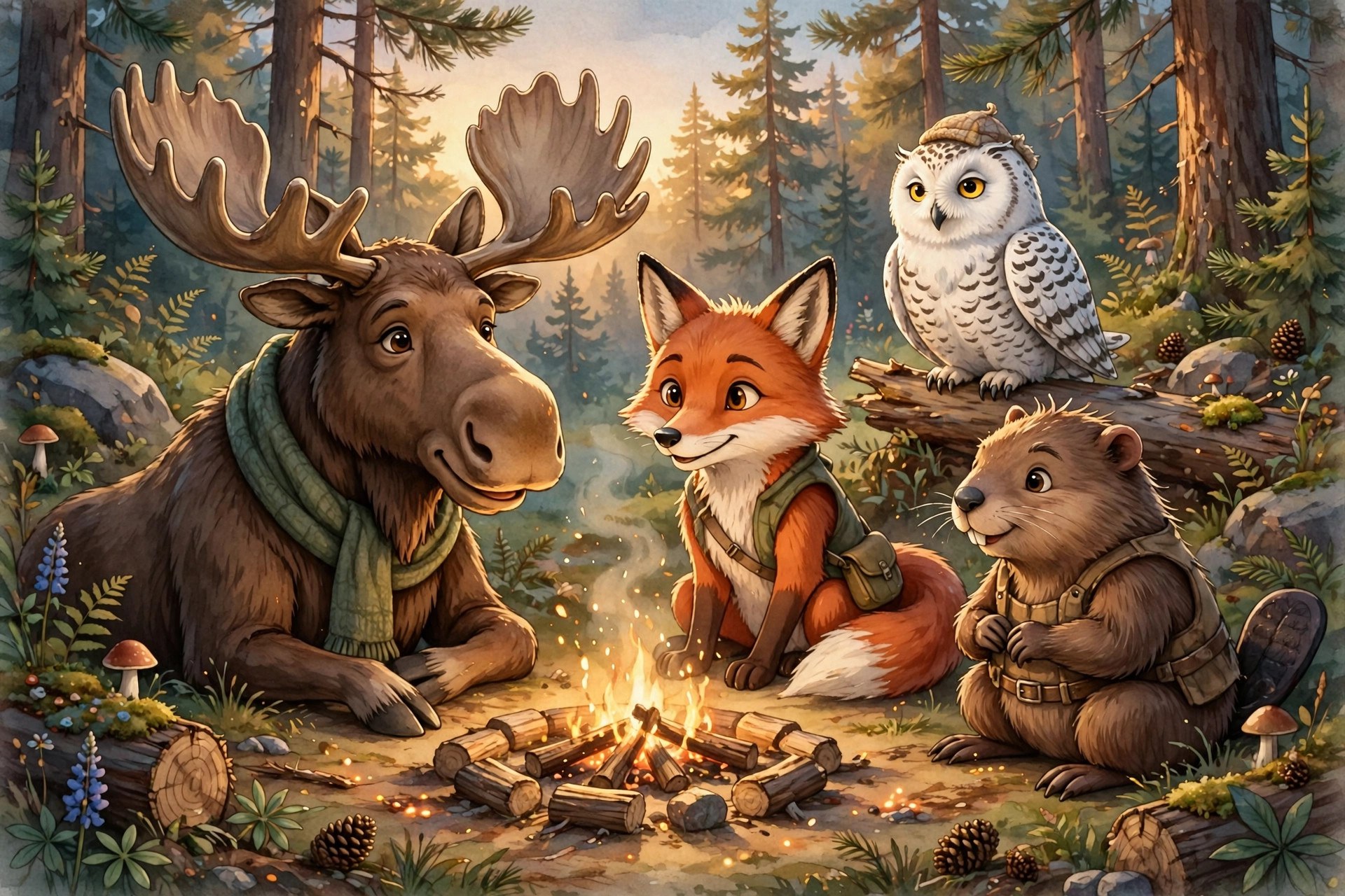moose with fox, owl and beaver friends at a campfire