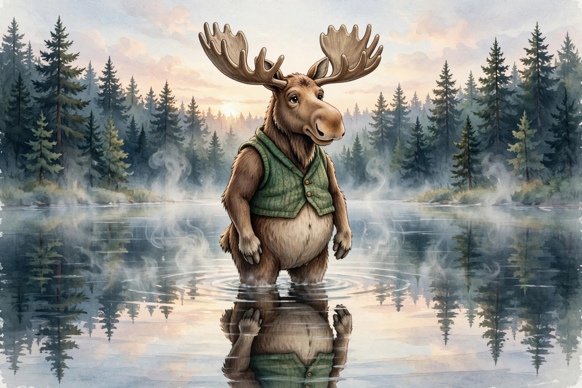 moose wading in a still lake at dawn