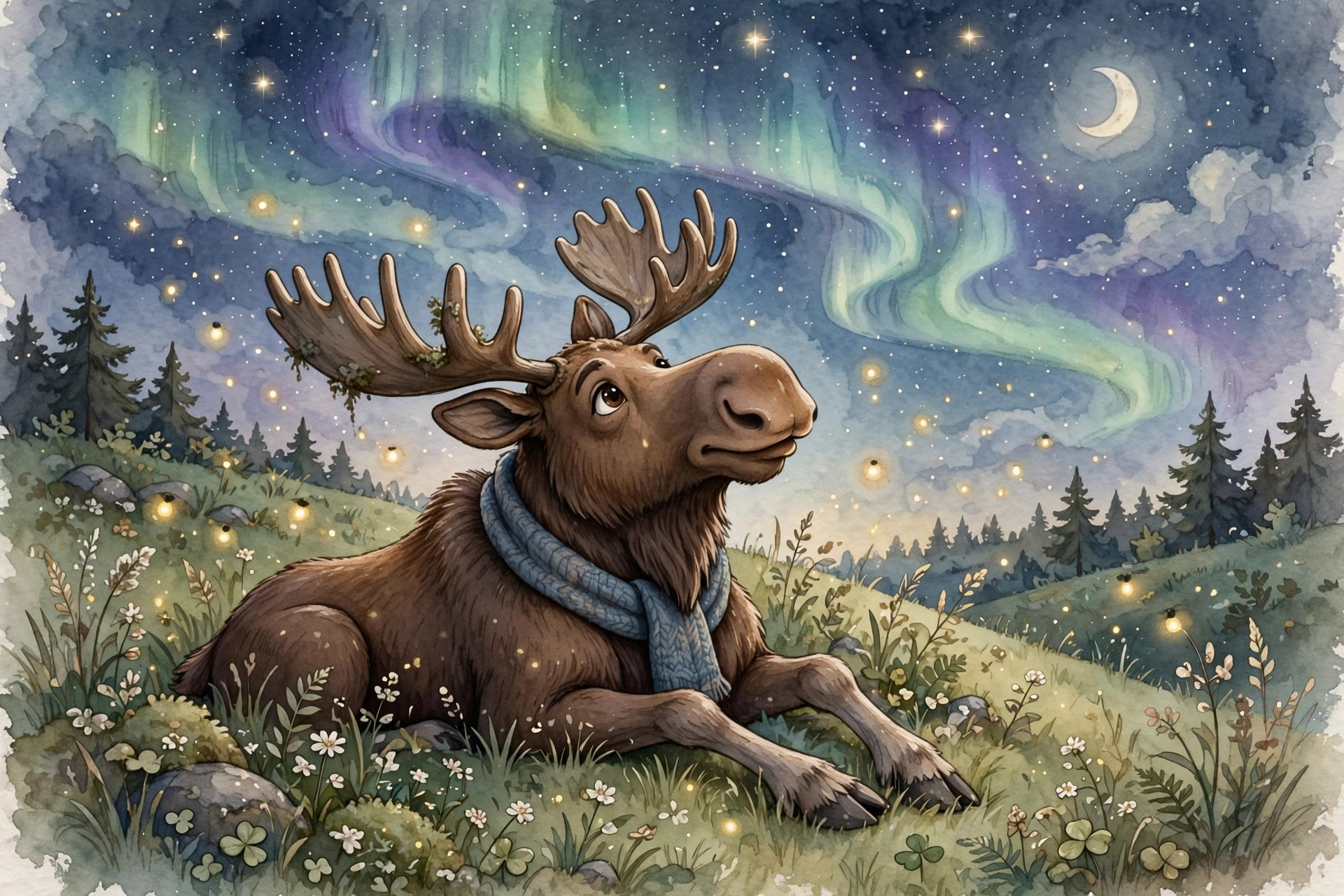 moose lying on a hill gazing at stars