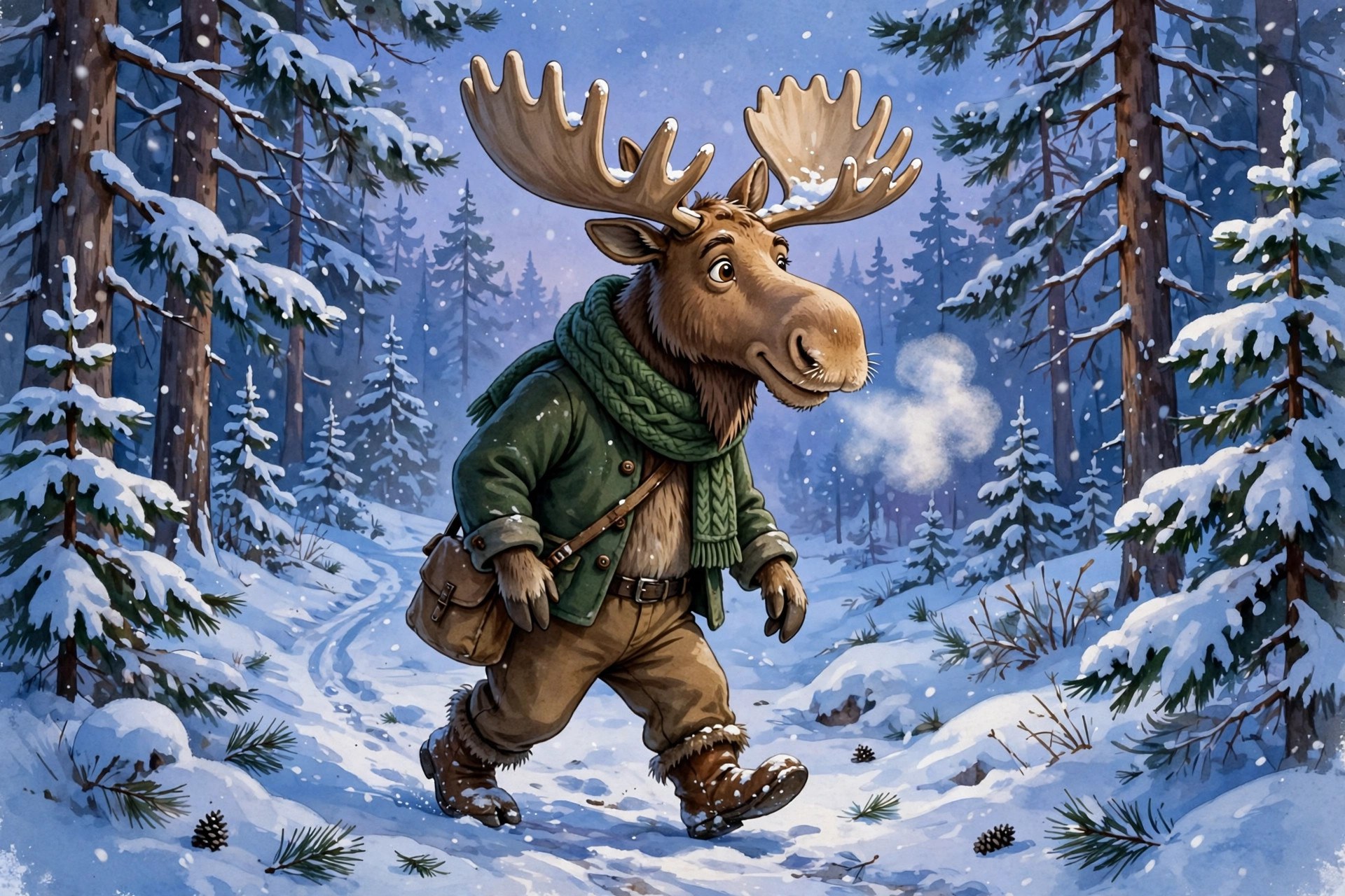 moose walking a snowy trail between pines
