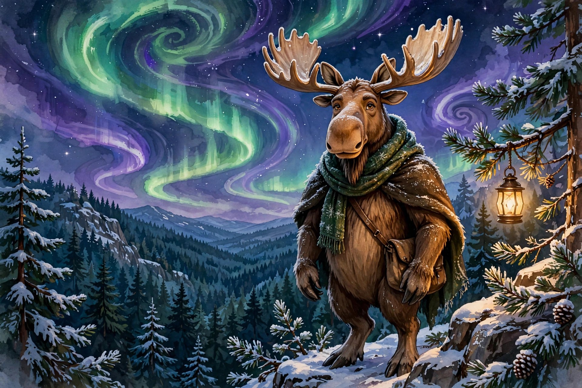 A big gentle moose with broad antlers standing on a snowy pine ridge under the aurora borealis