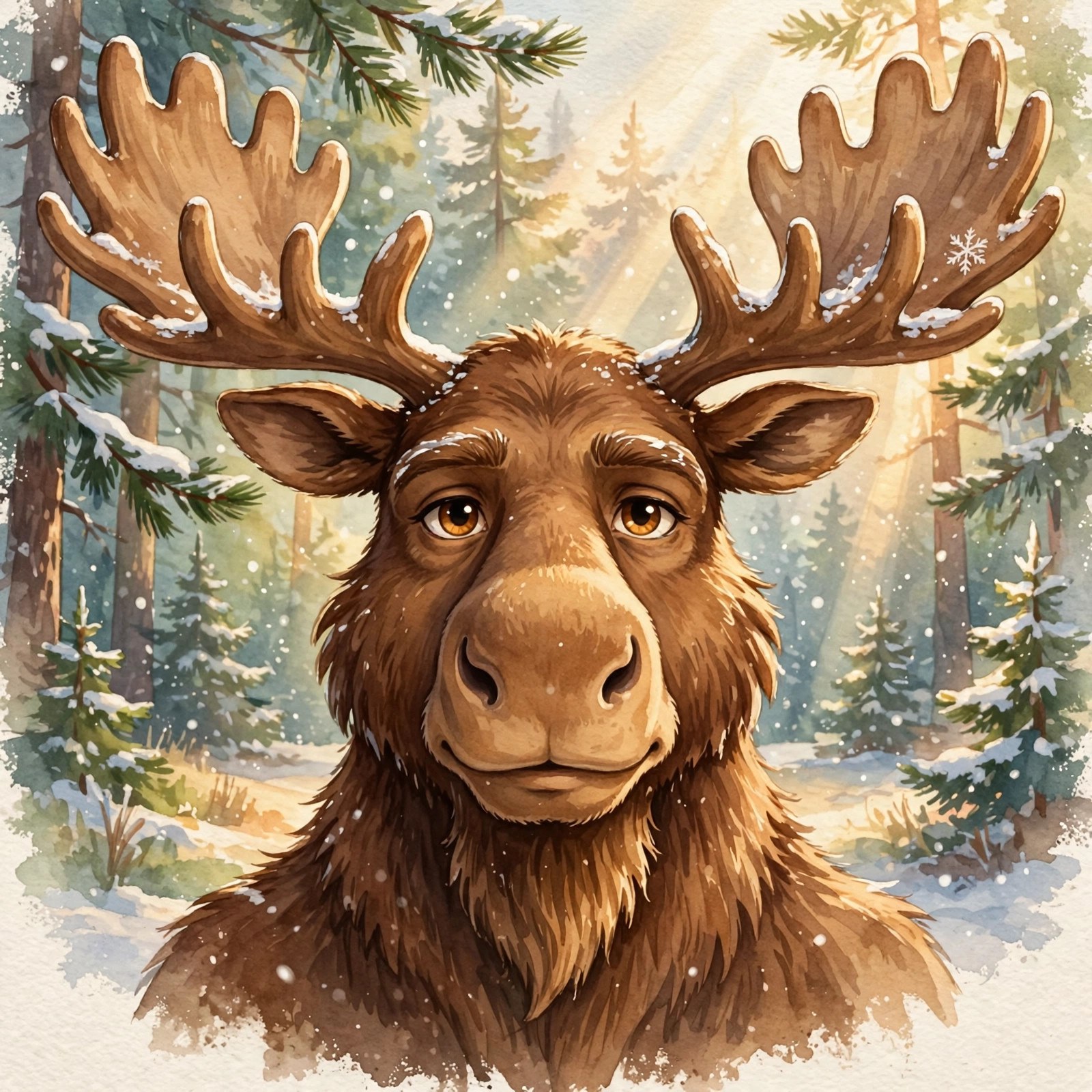 Warm portrait of moose in a snowy clearing