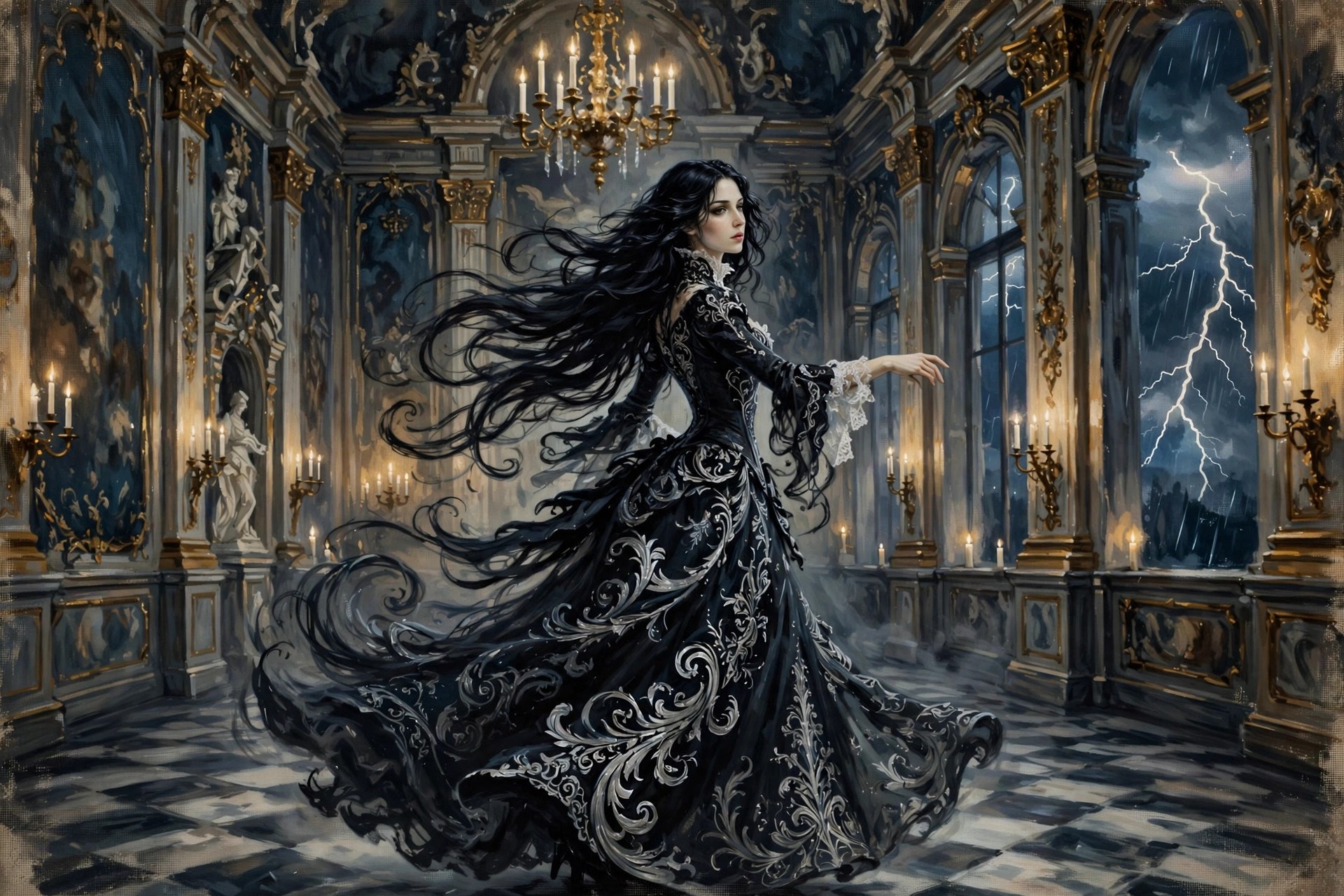 Morgana Voss waltzing alone down a candlelit ballroom as thunder rolls