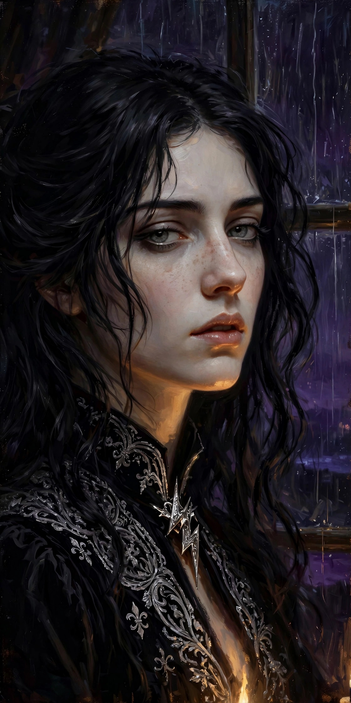 Candlelit close portrait of Morgana Voss, rain on the glass behind her