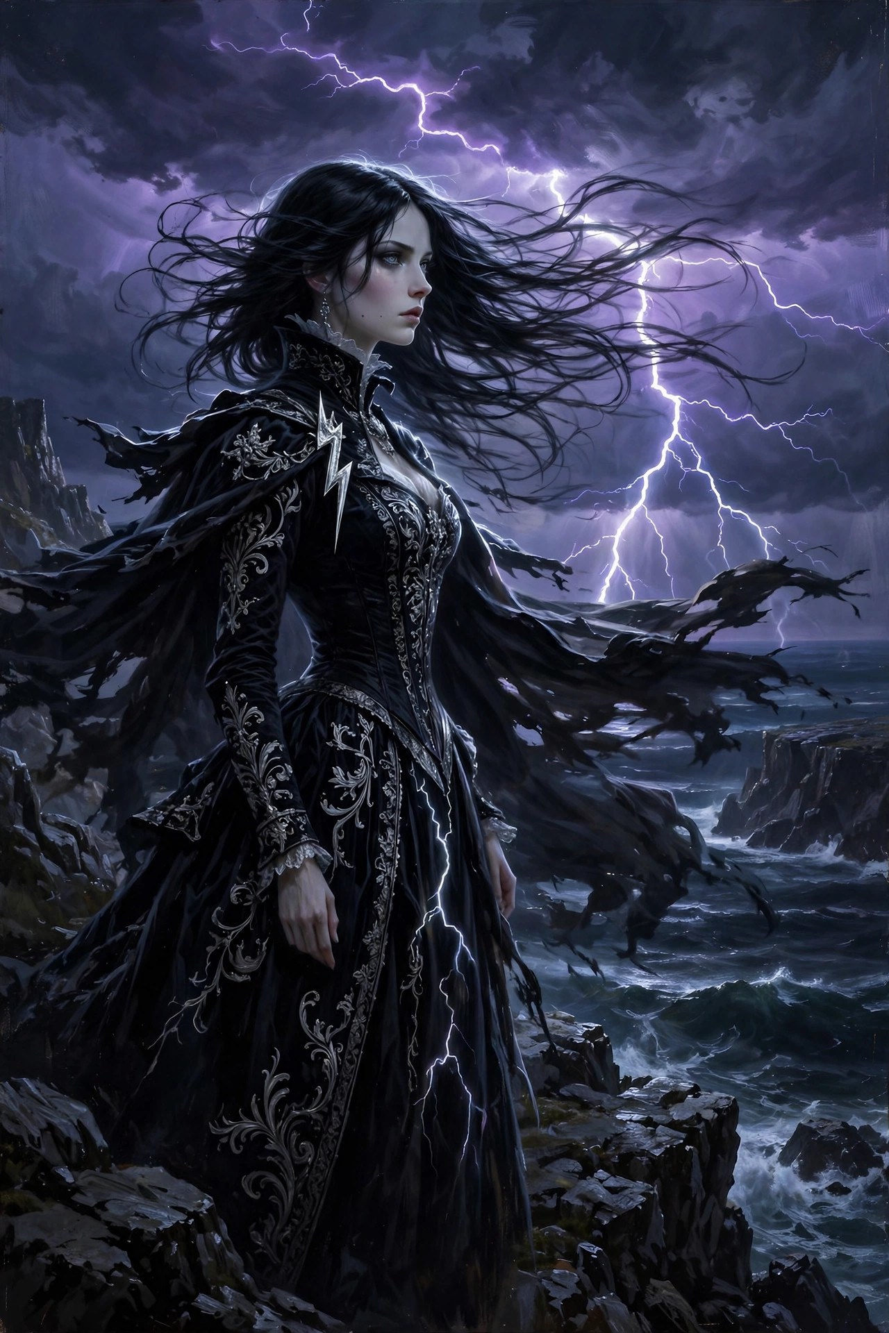 Morgana Voss on the cliff edge, cloak snapping in the gale