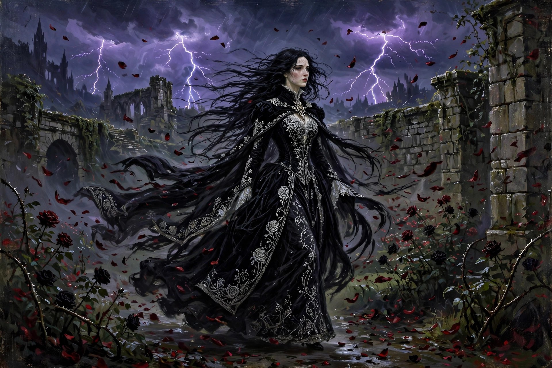 Morgana Voss in a storm-tossed rose garden, petals in the wind