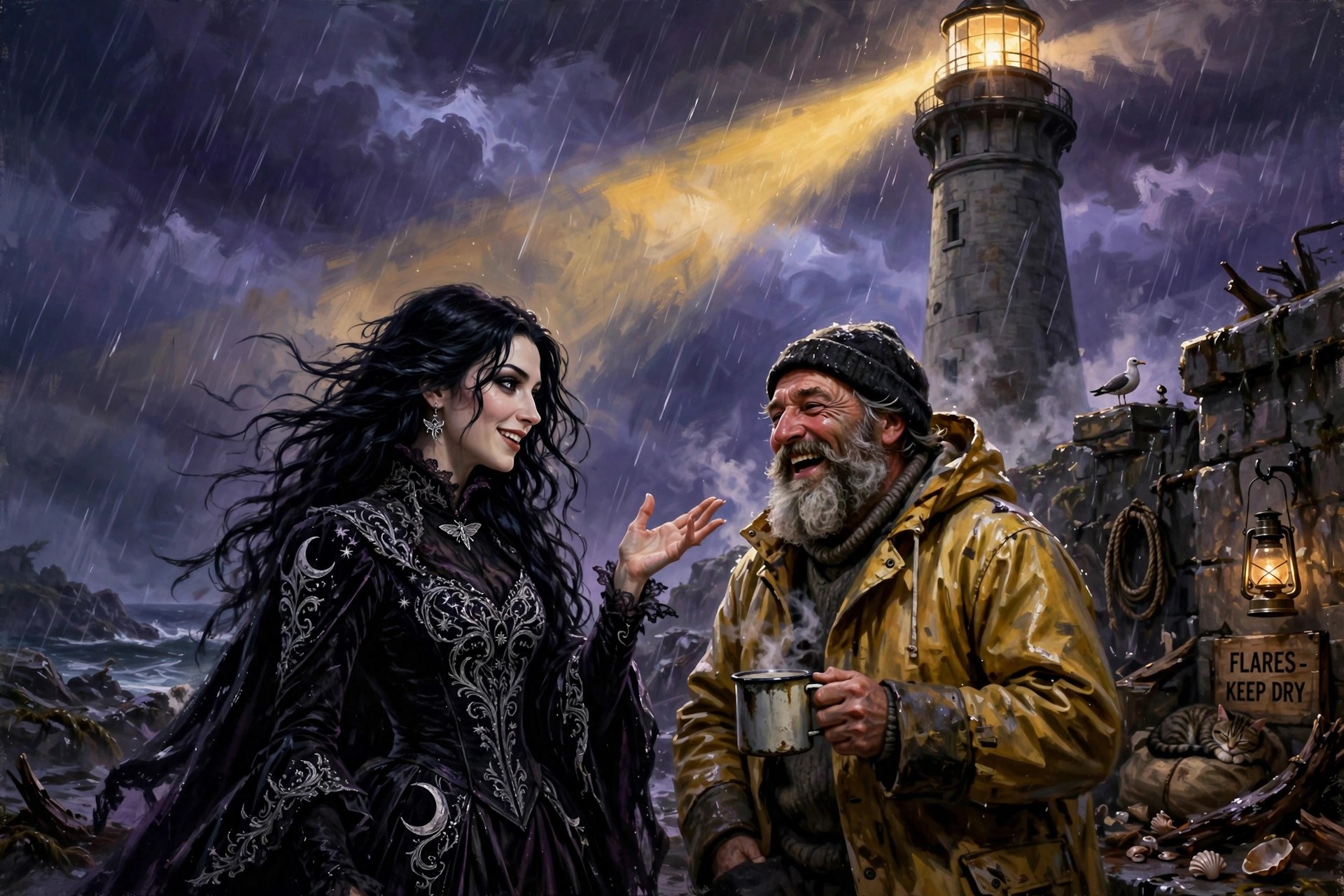 Morgana Voss arguing cheerfully with the lighthouse keeper in a storm