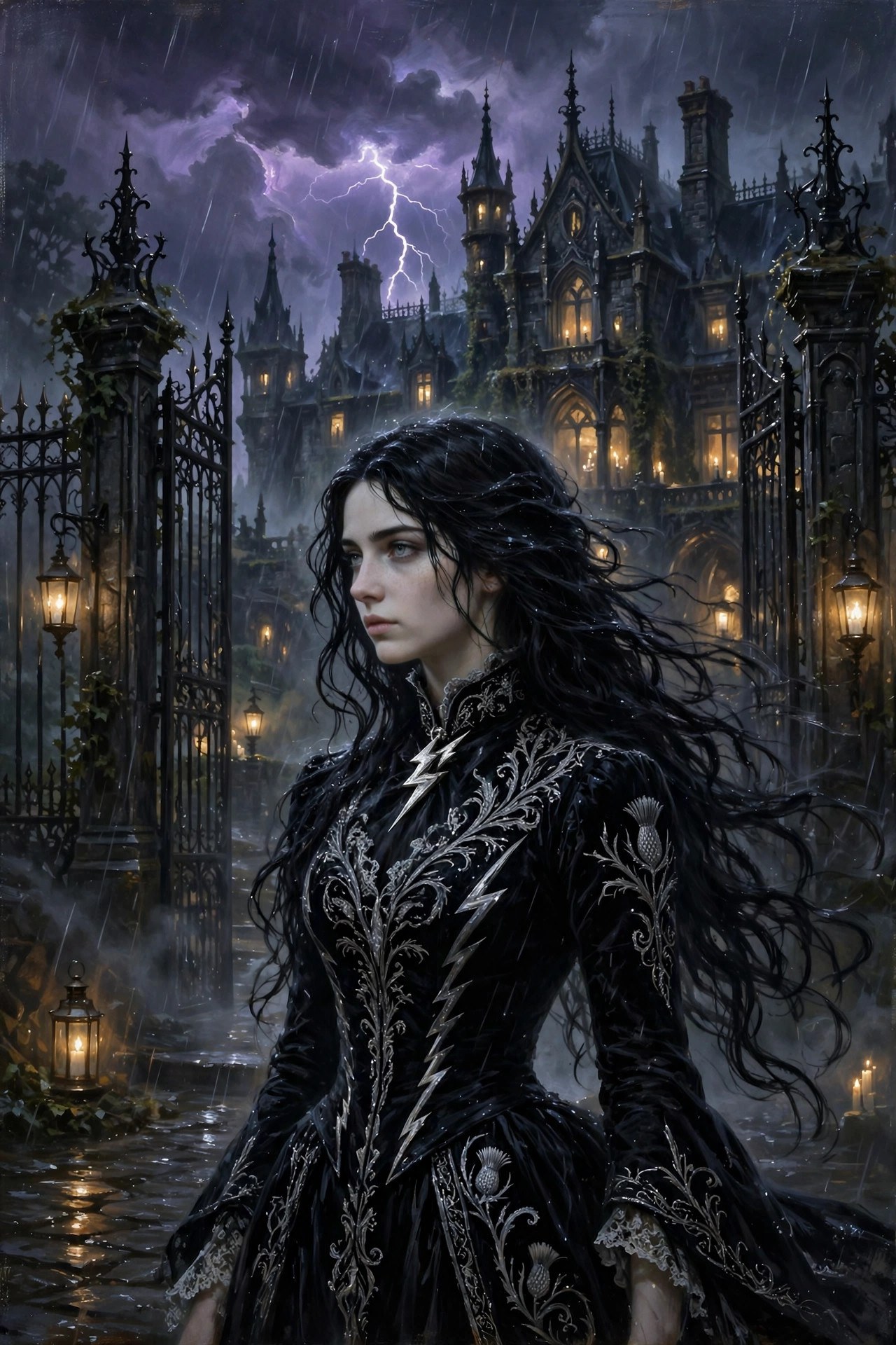 Morgana Voss before the gates of Voss Hall at night, lanterns lit