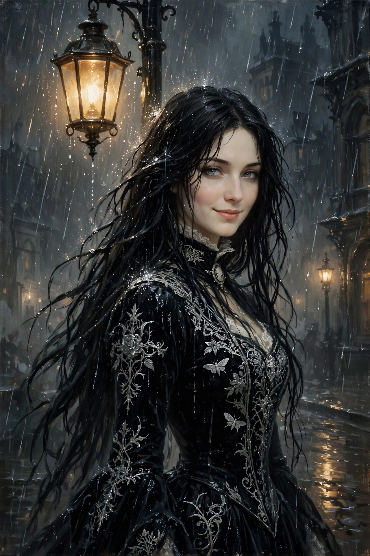 Morgana Voss standing in the rain under a street lantern, smiling