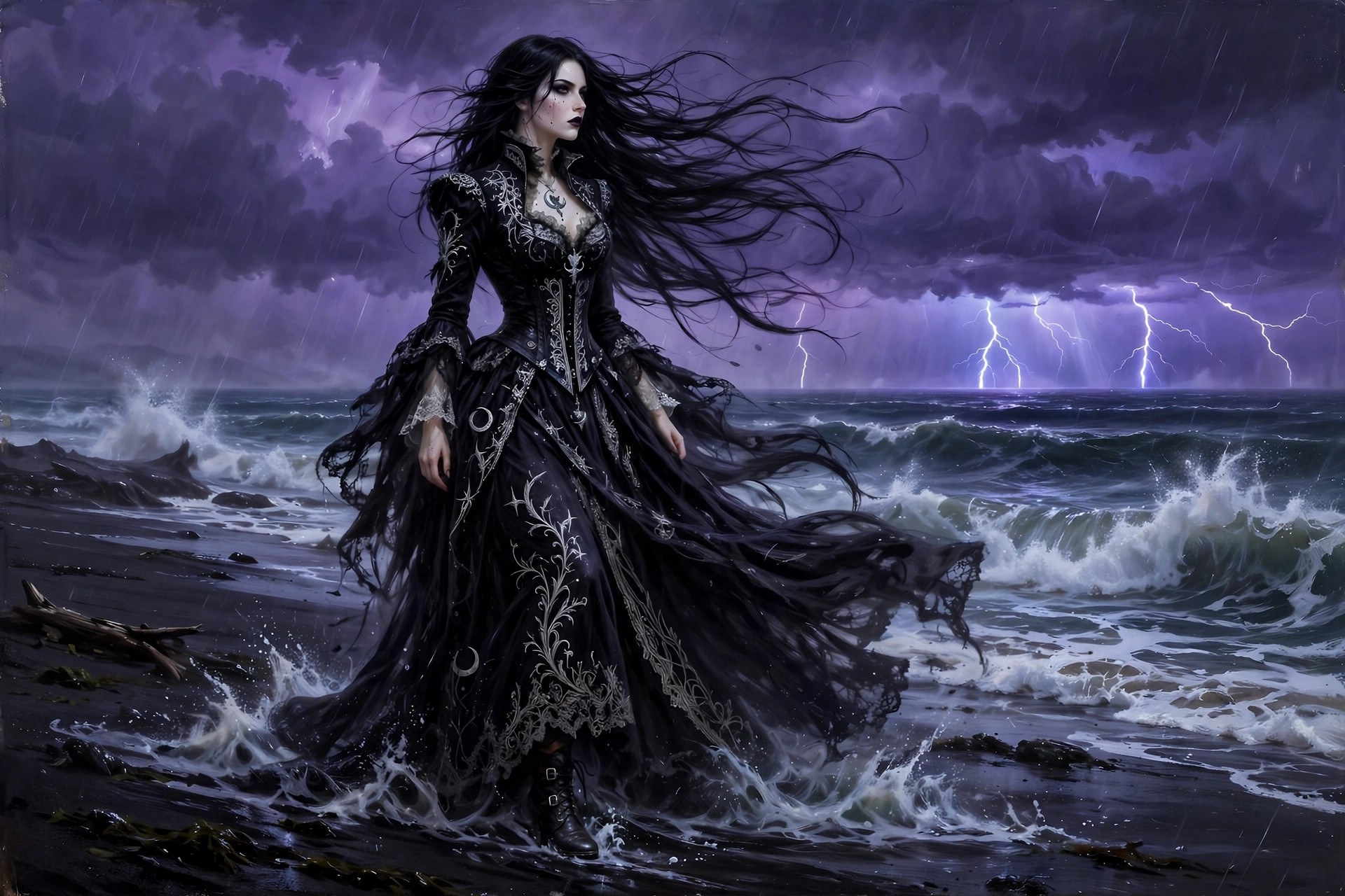 Morgana Voss at the black-sand shore, waves breaking around her